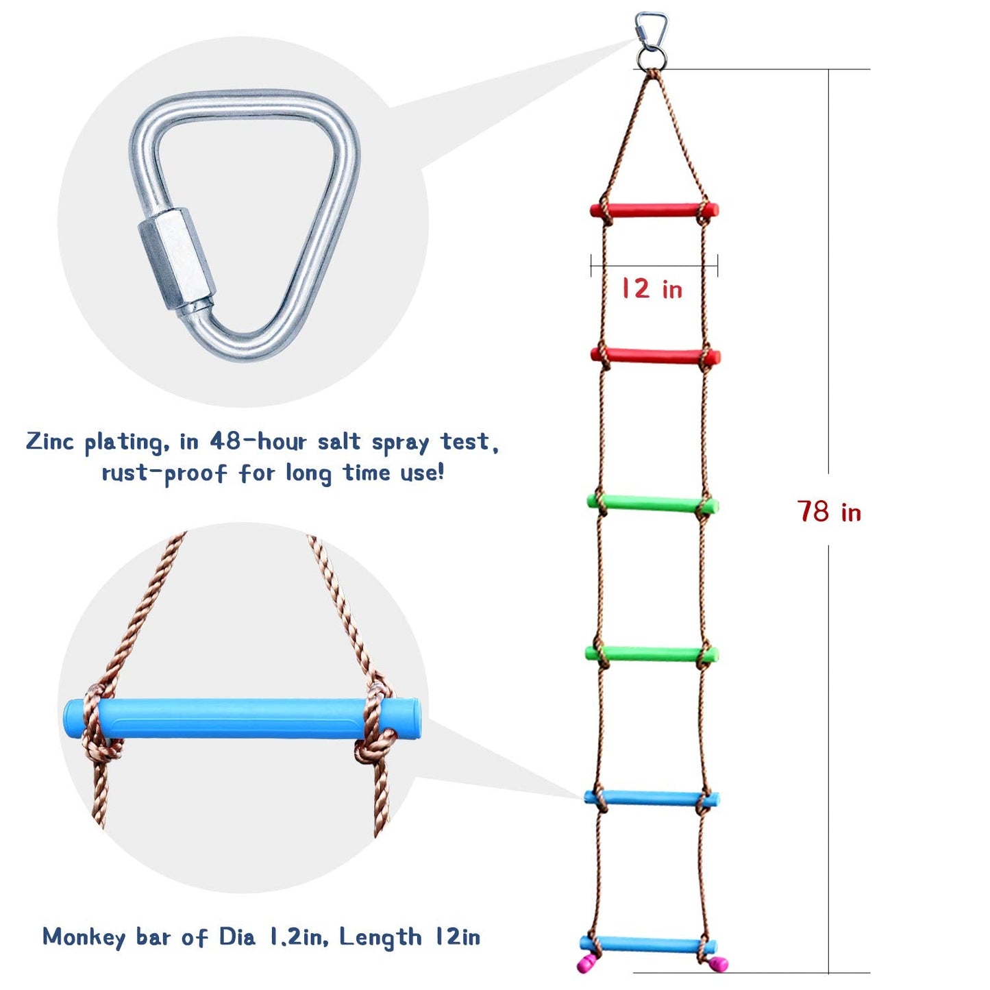 Rainbow Craft 6.6FT Climbing Rope Ninja Ladder for Kids – Ninja Warrior Obstacle Course Accessory
