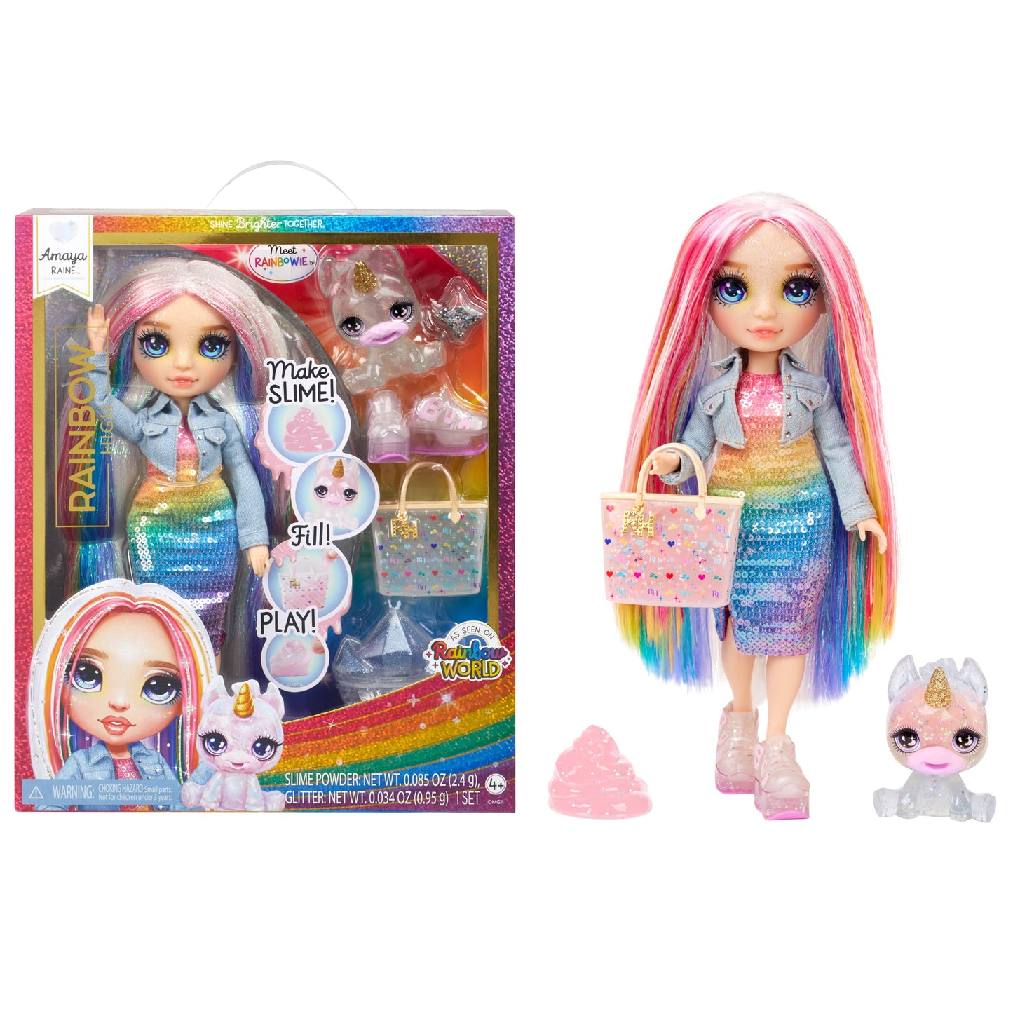 Rainbow High Amaya 11-Inch Shimmer Posable Doll with DIY Sparkle Slime Kit & Magical Pet