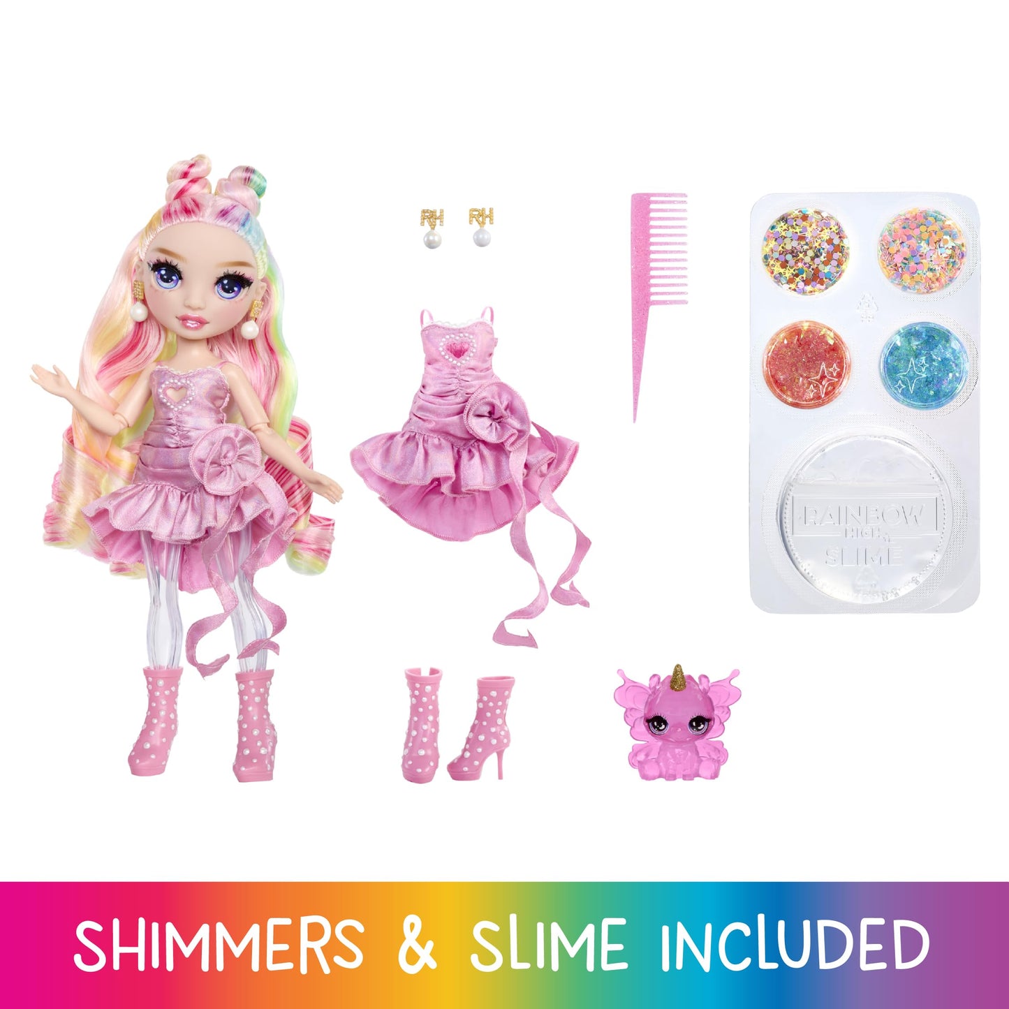 Rainbow High Rainbow Shimmers with Slime – Bella, Pink, 11-Inch Fashion Doll & Slime Kit