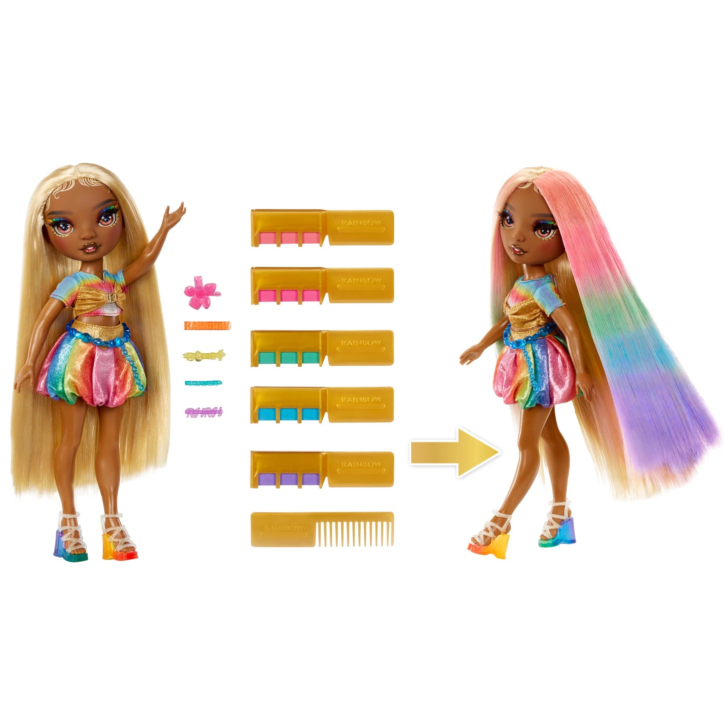 Rainbow High Hair Chalk & Style Meline – Rainbow & Gold 11” Doll | Washable Rainbow Hair Chalk Kit