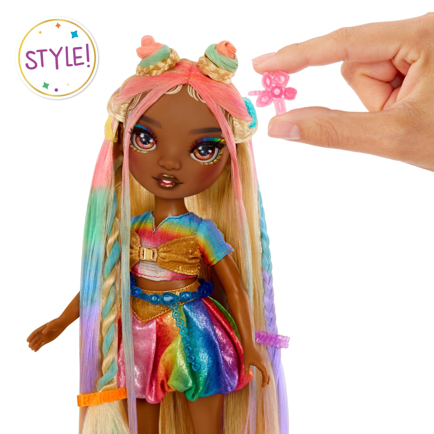 Rainbow High Hair Chalk & Style Meline – Rainbow & Gold 11” Doll | Washable Rainbow Hair Chalk Kit