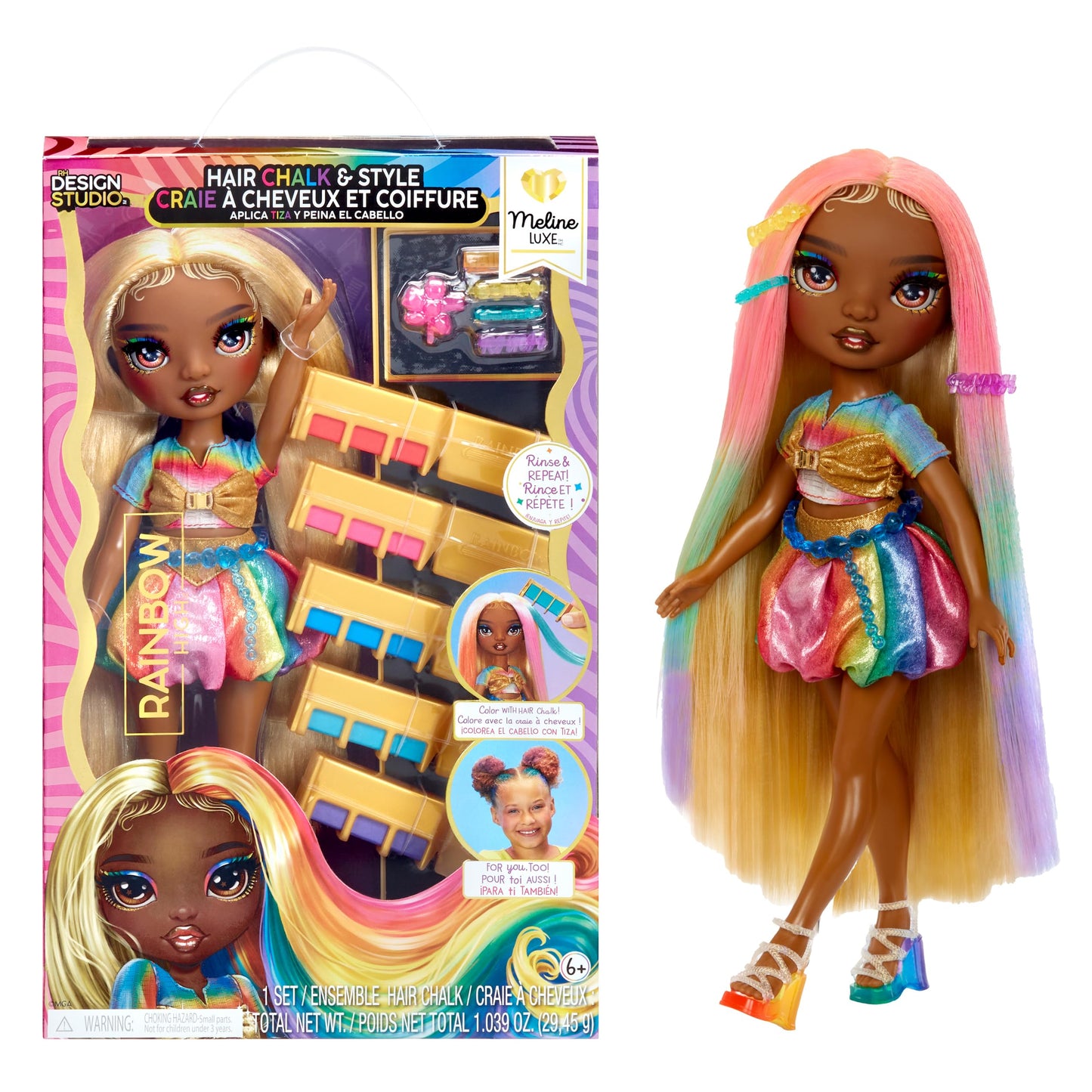 Rainbow High Hair Chalk & Style Meline – Rainbow & Gold 11” Doll | Washable Rainbow Hair Chalk Kit