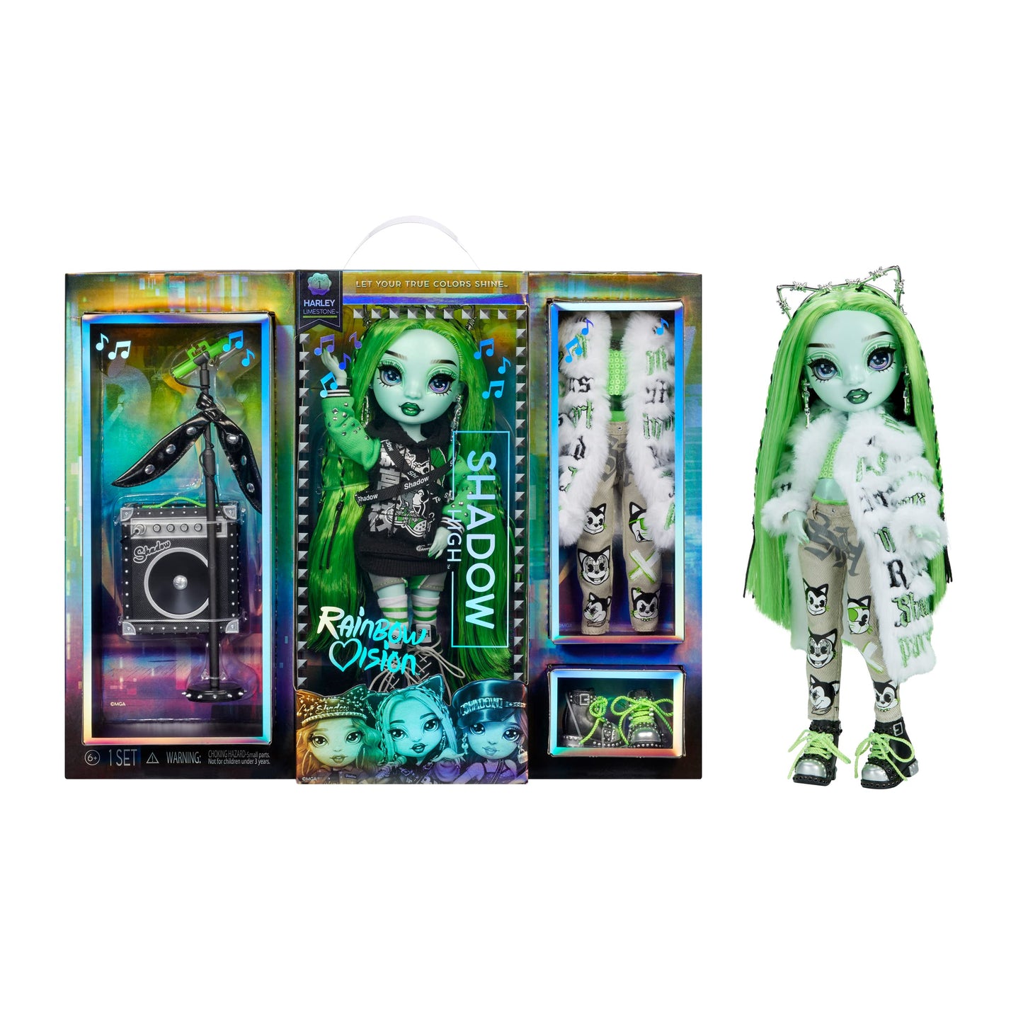 Rainbow Vision Neon Shadow Harley Limestone – Posable Rainbow High Doll with 2 Designer Outfits
