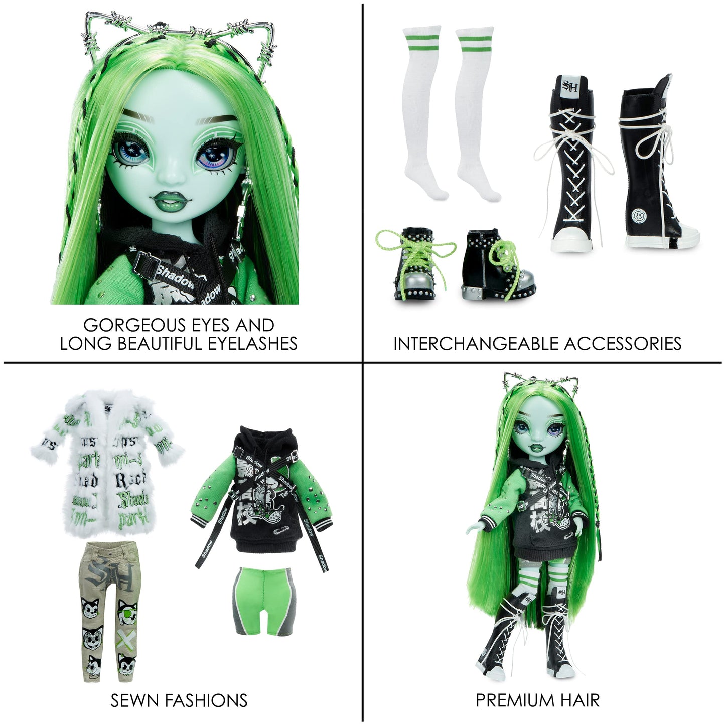 Rainbow Vision Neon Shadow Harley Limestone – Posable Rainbow High Doll with 2 Designer Outfits