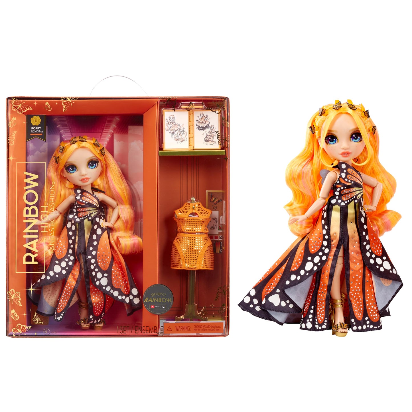 Rainbow High Fantastic Fashion Poppy Rowan – Orange 11-inch Doll & 2 Outfits Playset