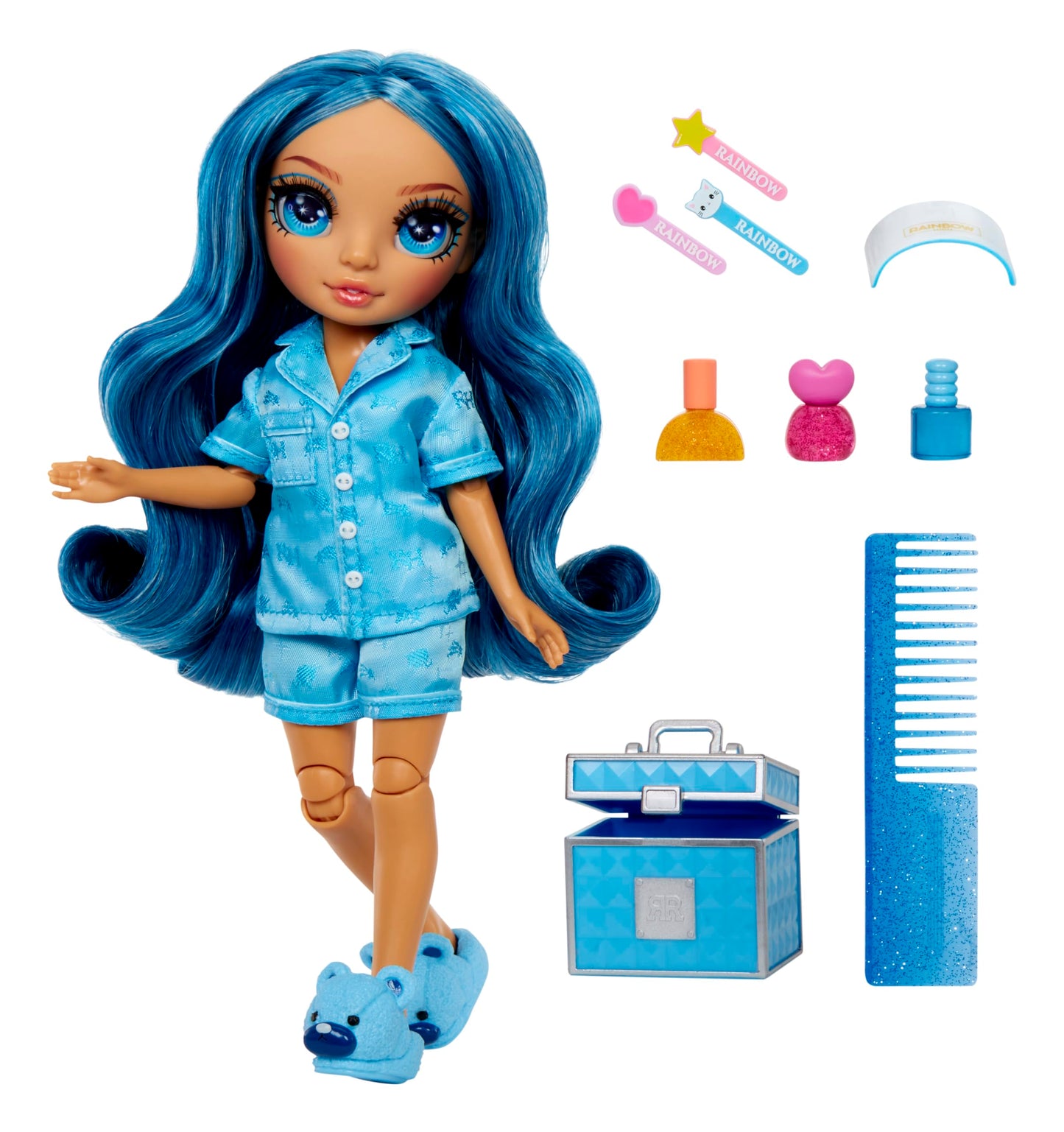 Rainbow High Jr High PJ Party Skyler Blue 9-Inch Posable Doll – Soft Onesie, Slippers & Accessories
