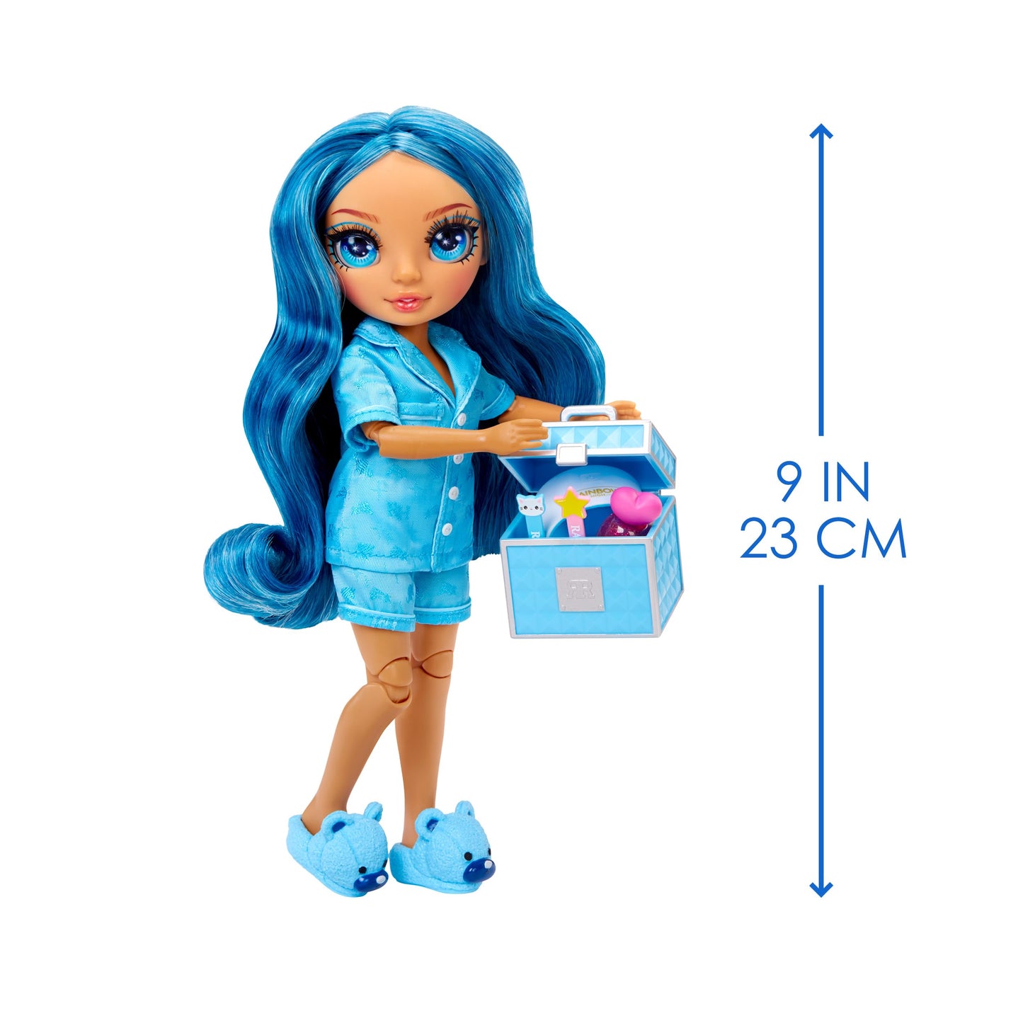 Rainbow High Jr High PJ Party Skyler Blue 9-Inch Posable Doll – Soft Onesie, Slippers & Accessories