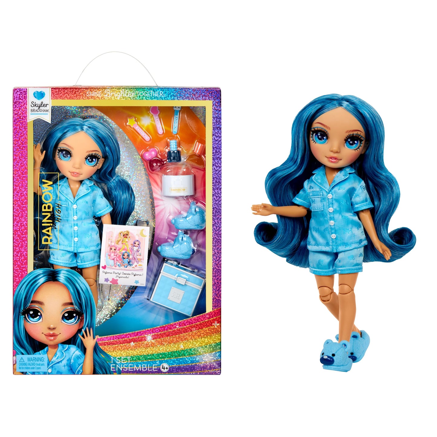 Rainbow High Jr High PJ Party Skyler Blue 9-Inch Posable Doll – Soft Onesie, Slippers & Accessories