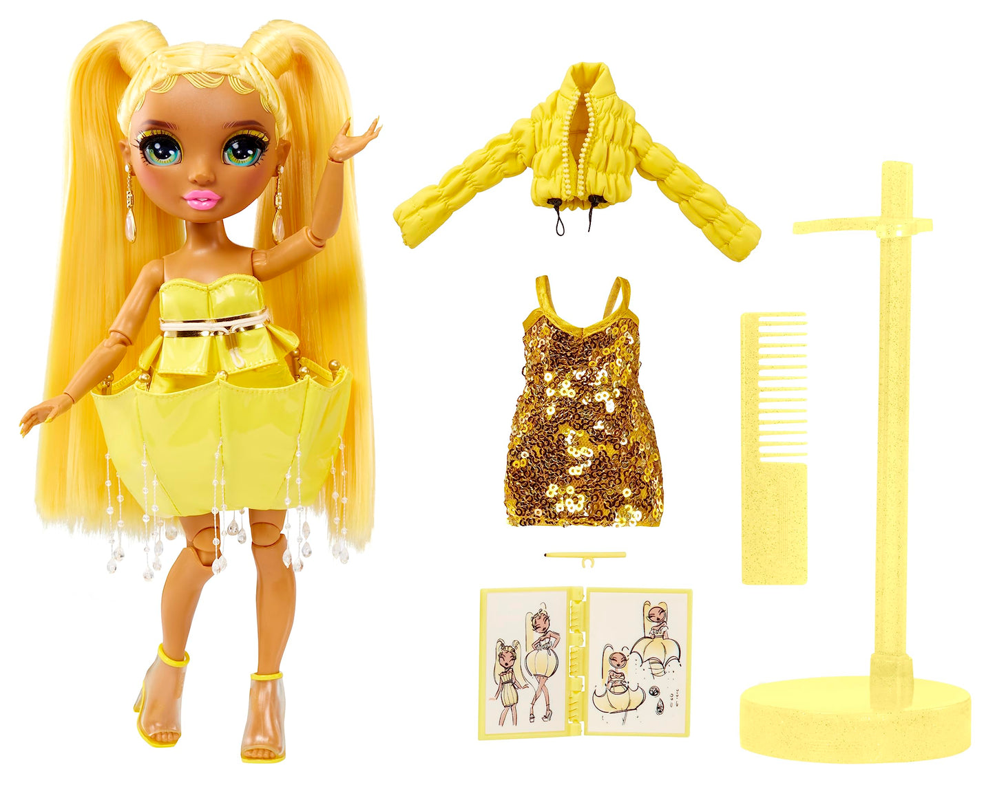Rainbow High Fantastic Fashion Sunny Madison – 11” Yellow Doll & Playset with 2 Outfits