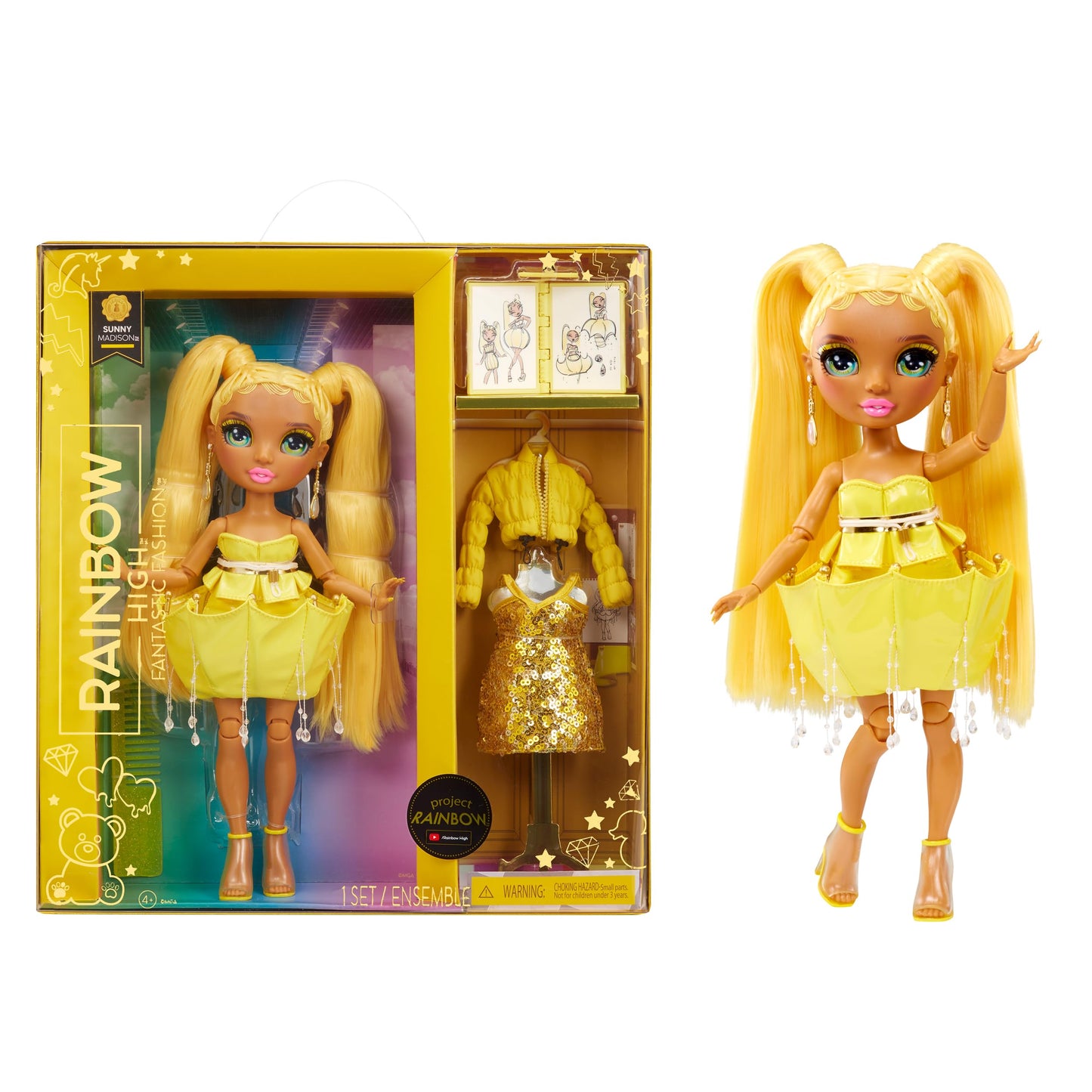 Rainbow High Fantastic Fashion Sunny Madison – 11” Yellow Doll & Playset with 2 Outfits