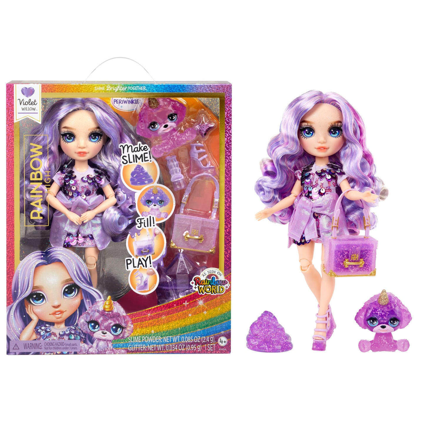 Rainbow High Violet 11-Inch Shimmer Doll with DIY Sparkle Slime Kit & Magical Yeti Pet