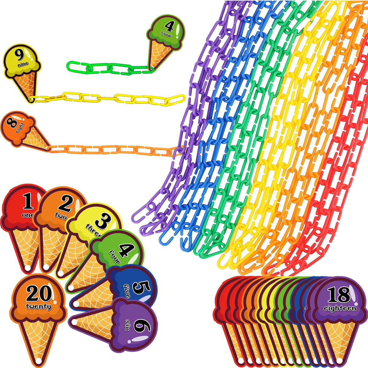 Rainbow Toyfrog Chain Link Math Manipulatives – 240 Clips & 20 Ice Cream Cards for Kindergarten Counting