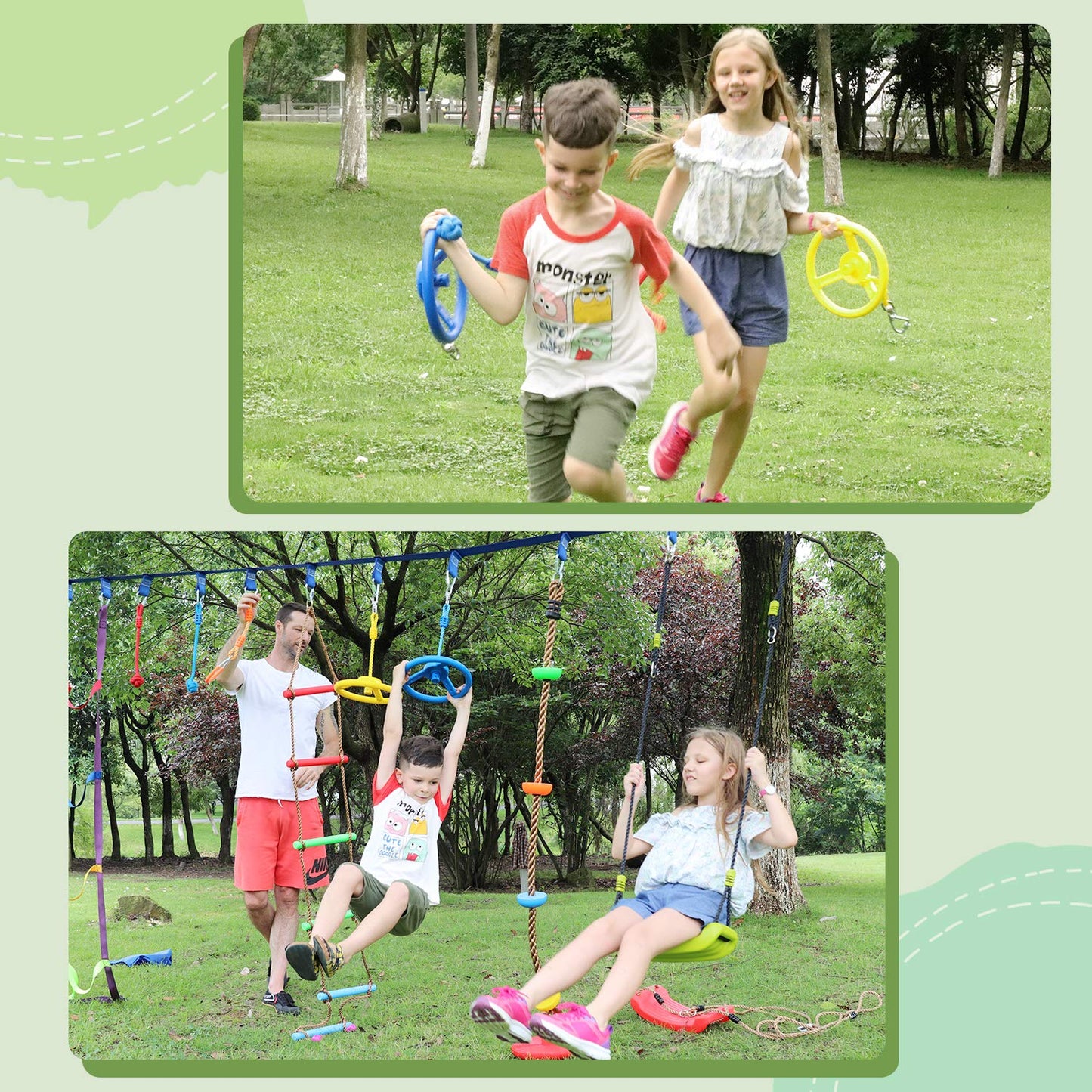 Rainbow Craft Ninja Warrior Obstacle Course Accessories – 7pc Rings, Swing Wheels & Monkey Bars
