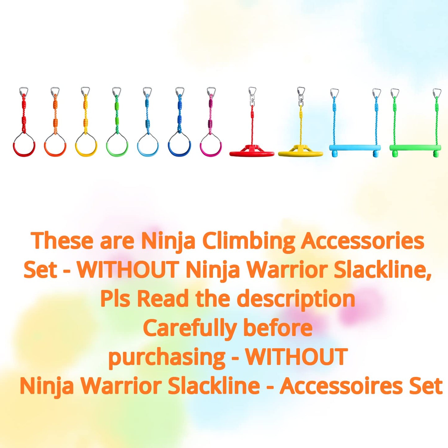 Rainbow Craft Ninja Warrior Obstacle Course Accessories – 7pc Rings, Swing Wheels & Monkey Bars