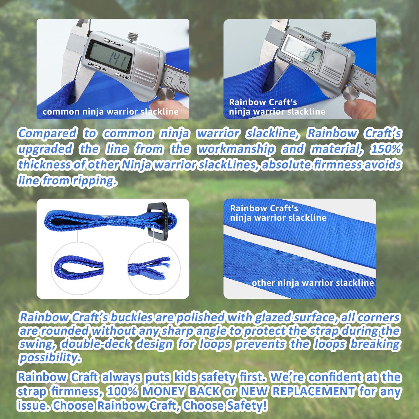 Rainbow Craft Ninja Warrior Obstacle Course for Kids – 50ft Slackline, 12 Removable Buckle Loops, 12 Attachments | Outdoor Training Equipment