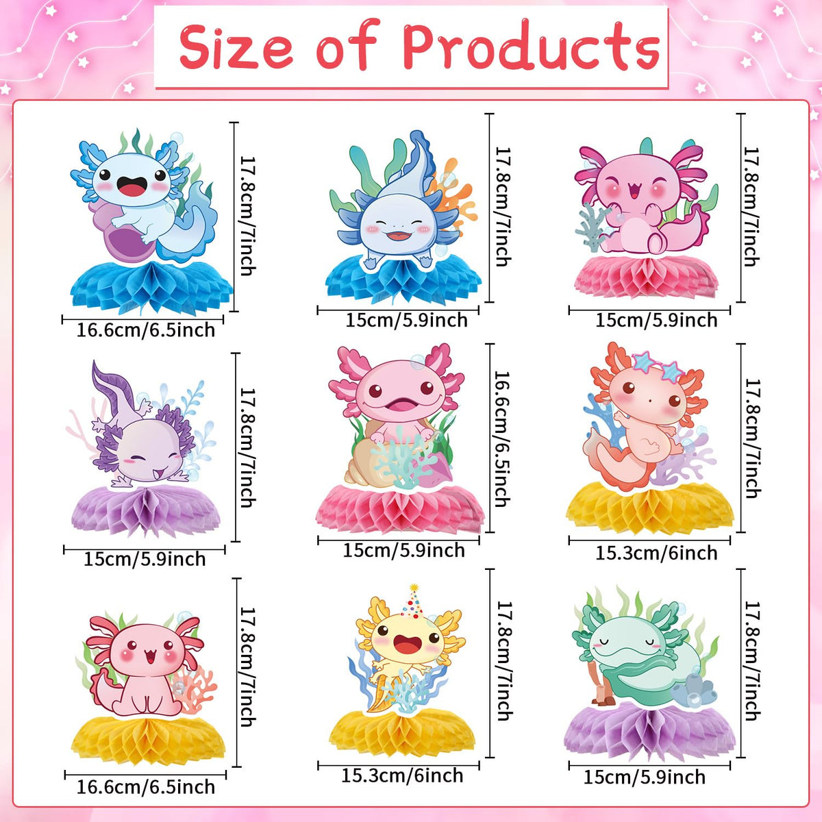Rakuto Colorful Axolotl Birthday Decorations - 9PCS Axolotl Party Centerpieces & Cutouts