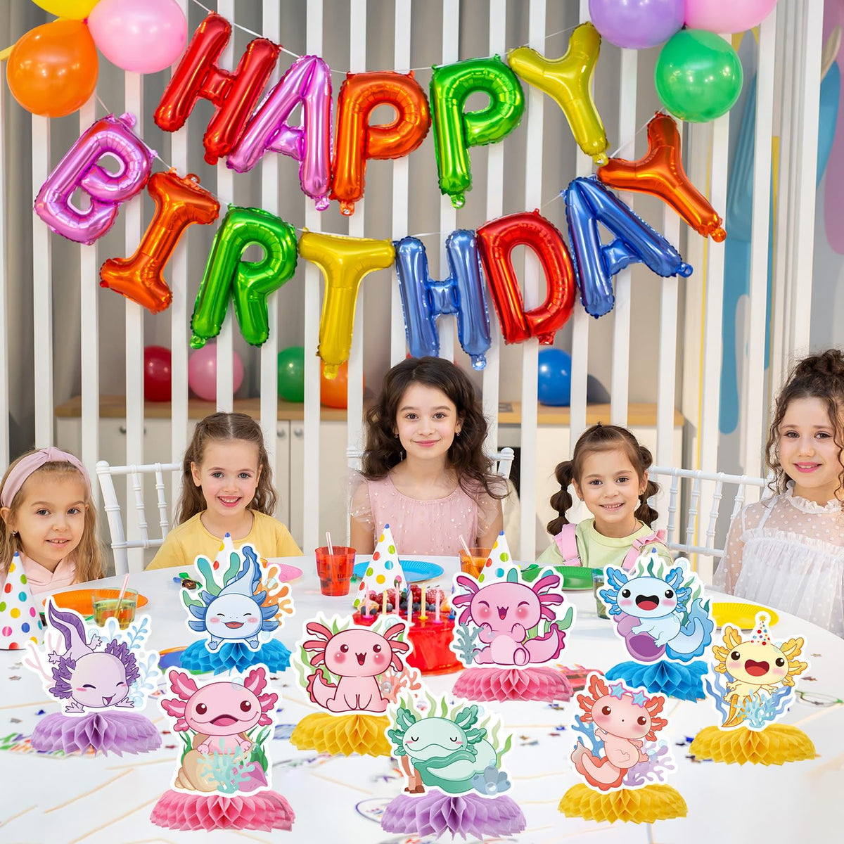 Rakuto Colorful Axolotl Birthday Decorations - 9PCS Axolotl Party Centerpieces & Cutouts