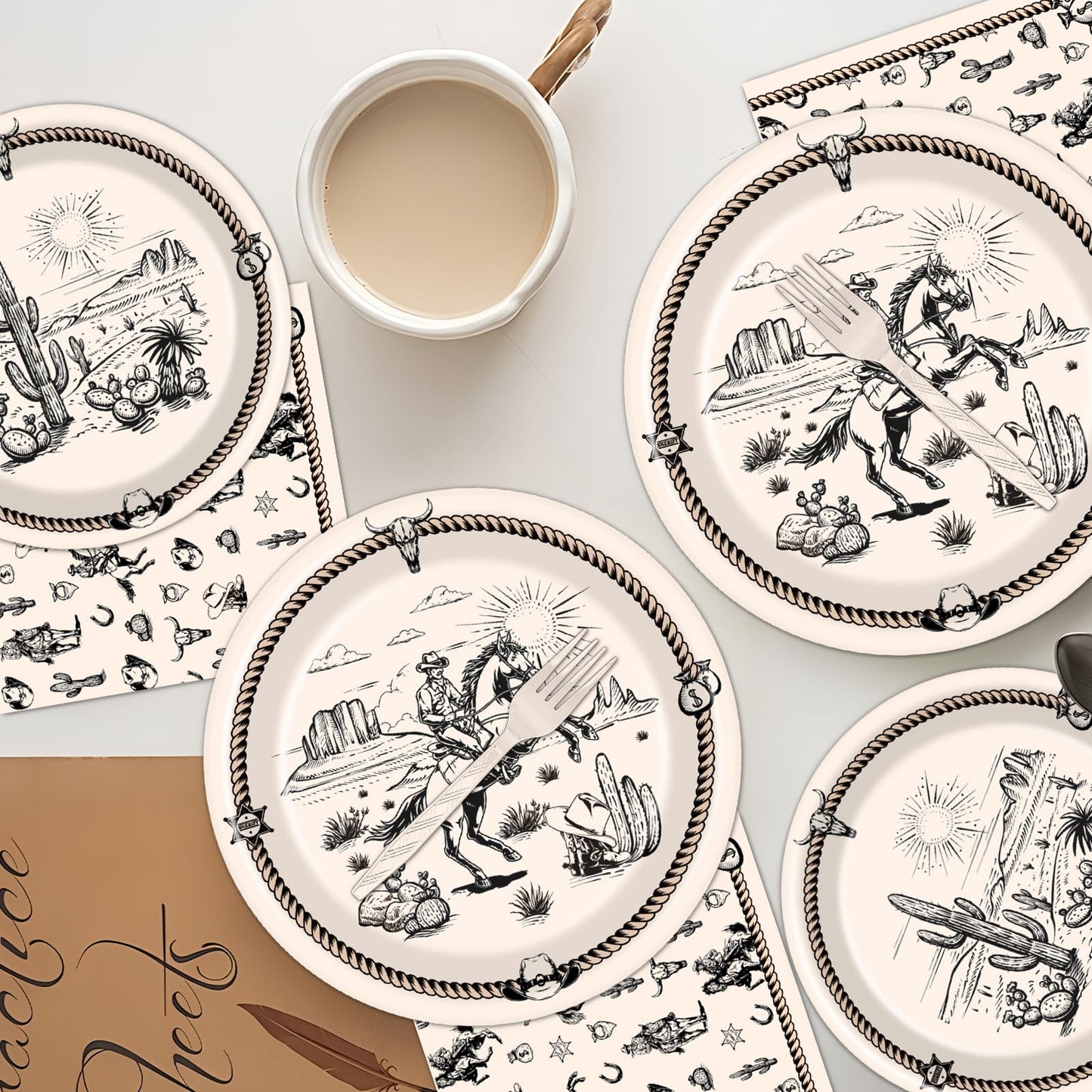 Rakuto Western Party Tableware – 96Pcs Cowboy Plates & Napkins for 24 Guests