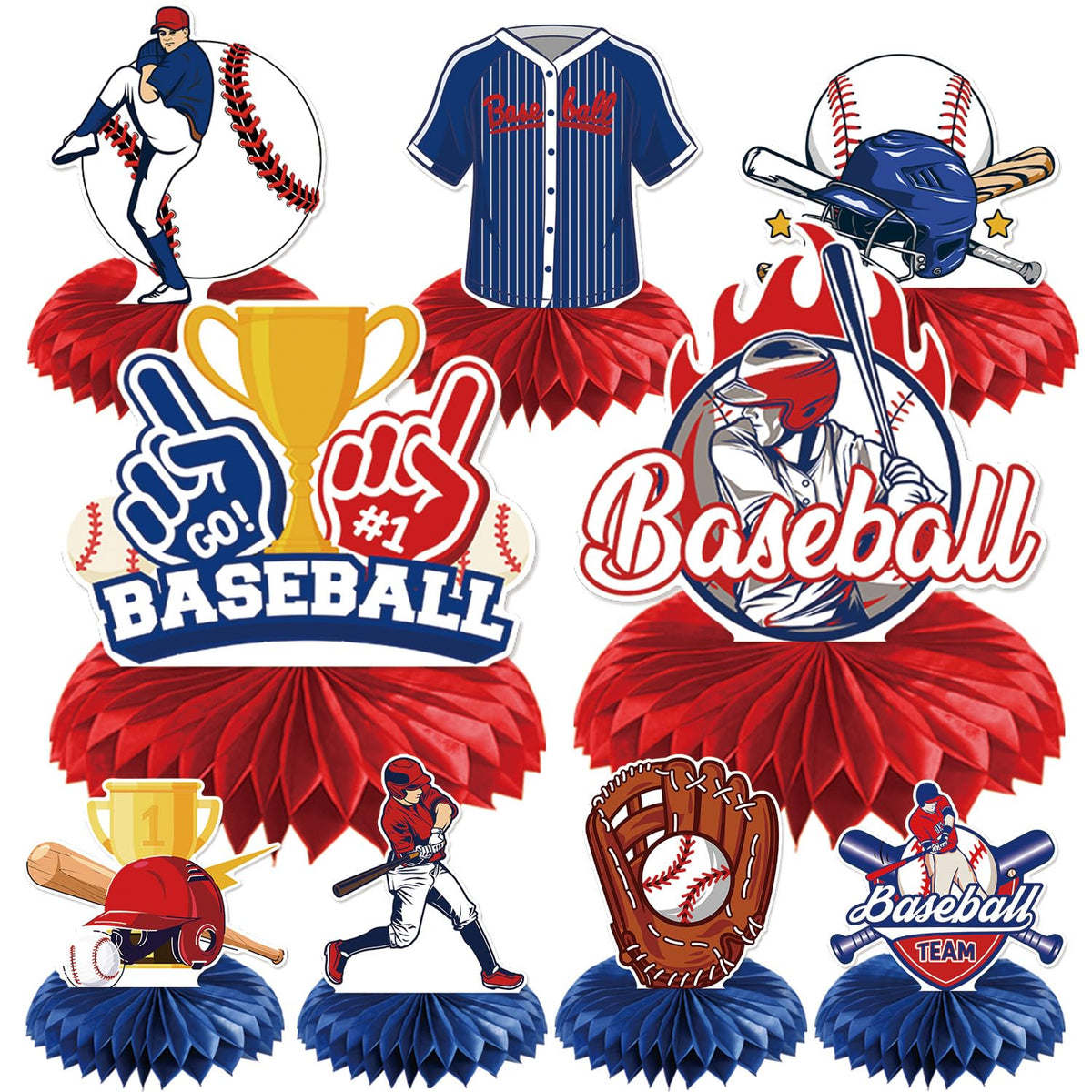 Rakuto Baseball Birthday Party Decorations - 9-Piece Honeycomb Centerpieces in Blue & Red