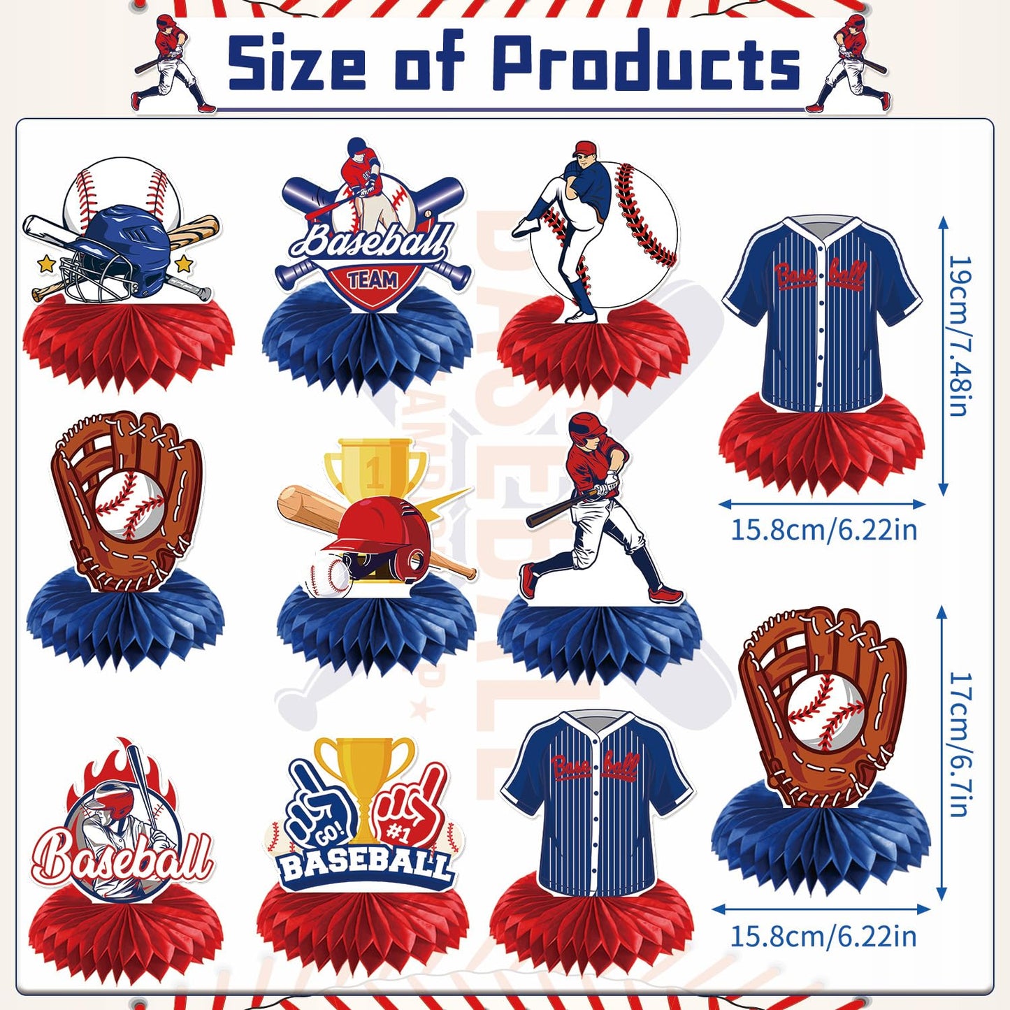 Rakuto Baseball Birthday Party Decorations - 9-Piece Honeycomb Centerpieces in Blue & Red