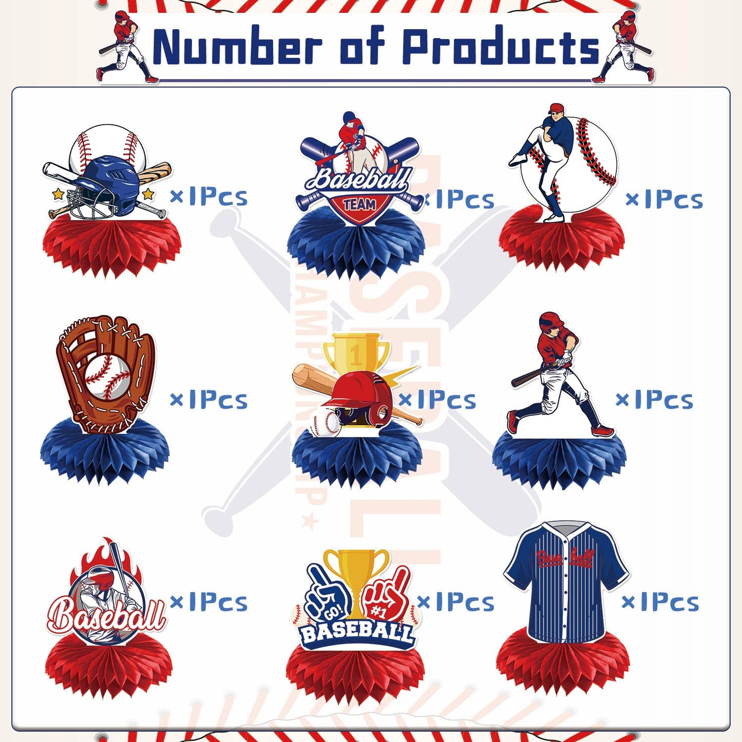 Rakuto Baseball Birthday Party Decorations - 9-Piece Honeycomb Centerpieces in Blue & Red