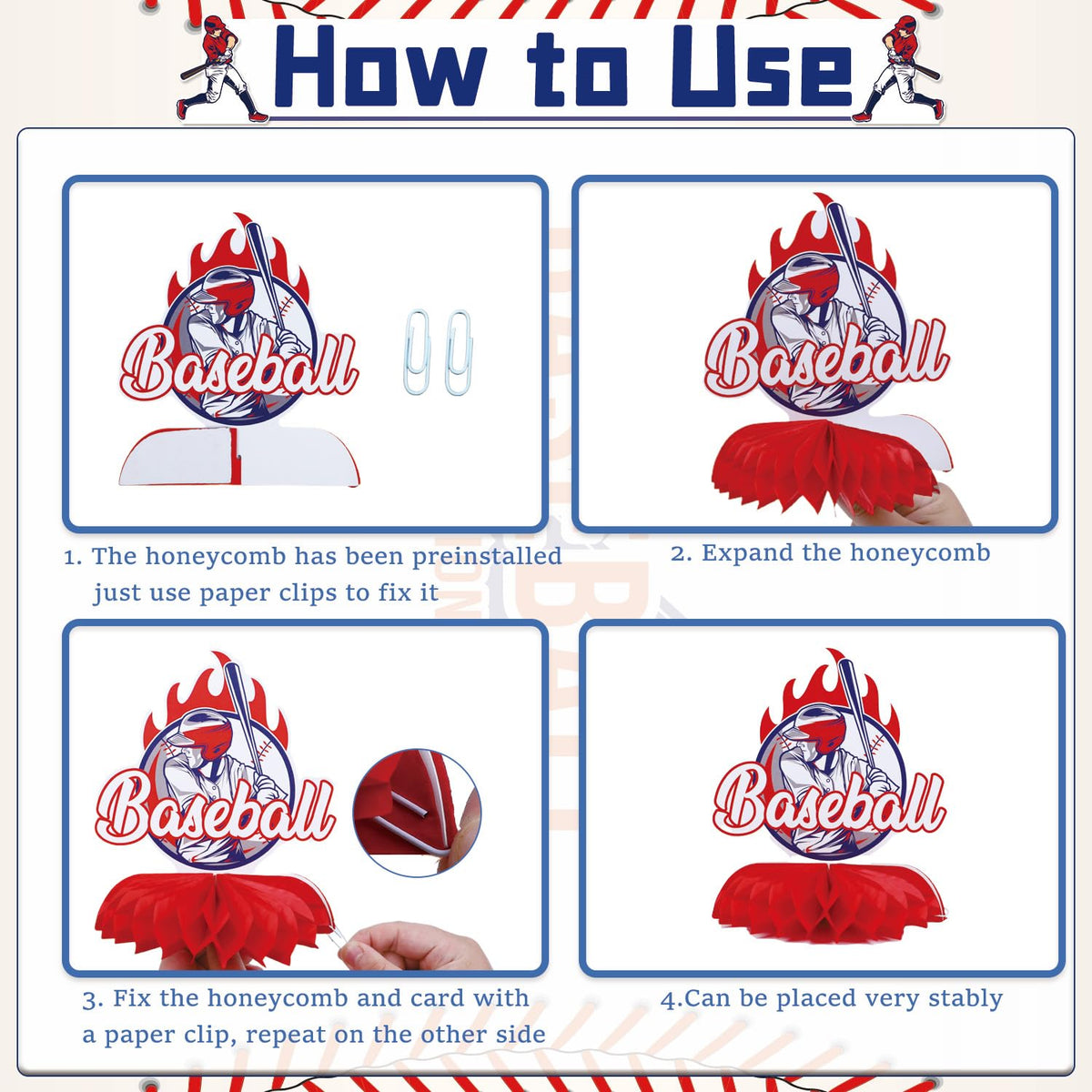 Rakuto Baseball Birthday Party Decorations - 9-Piece Honeycomb Centerpieces in Blue & Red