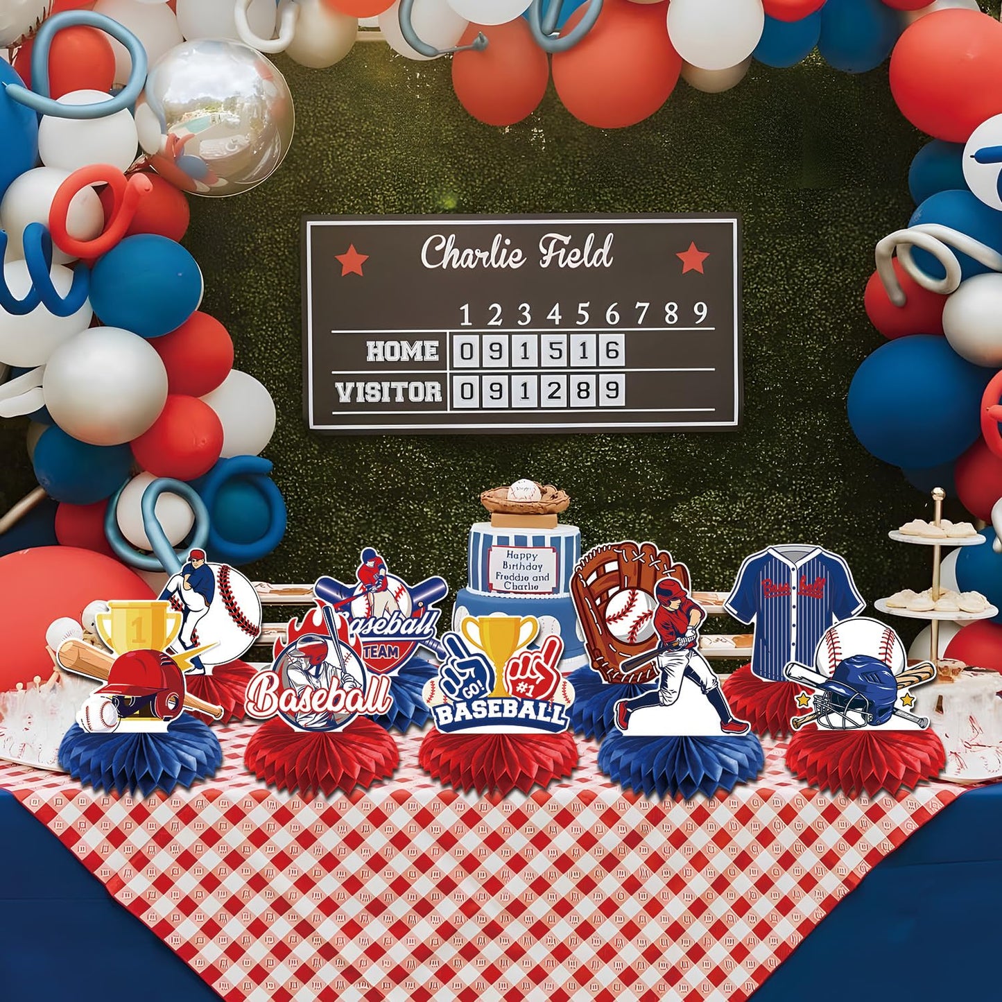 Rakuto Baseball Birthday Party Decorations - 9-Piece Honeycomb Centerpieces in Blue & Red