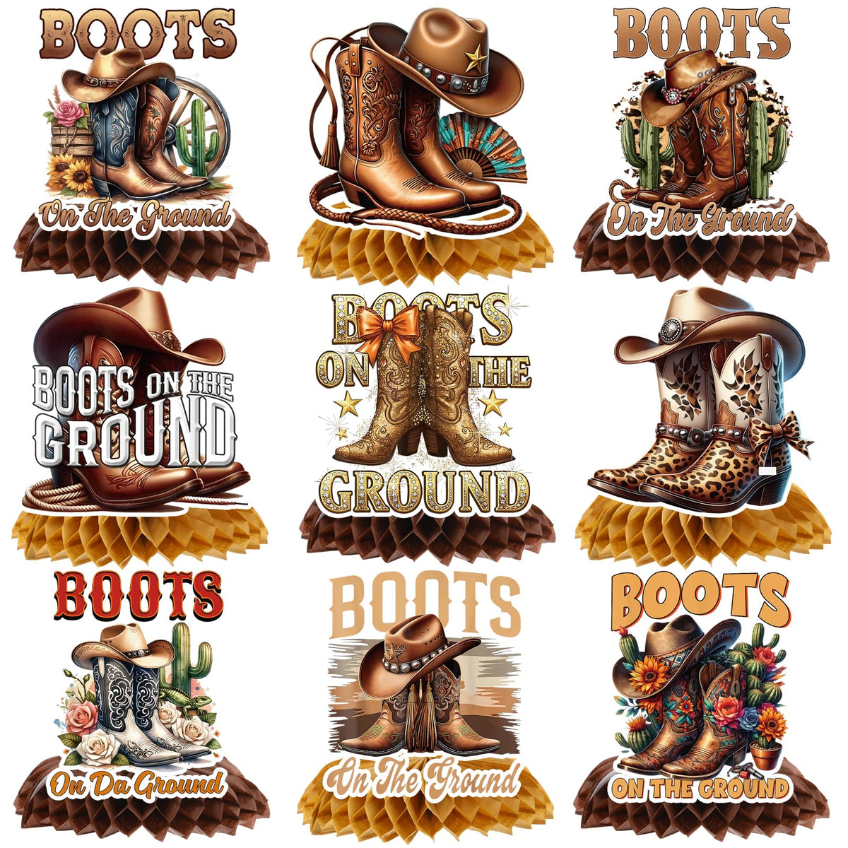Rakuto Boots on the Ground Decorations – 9pc Western Cowboy Honeycomb Centerpieces for Parties, Birthdays & Baby Showers