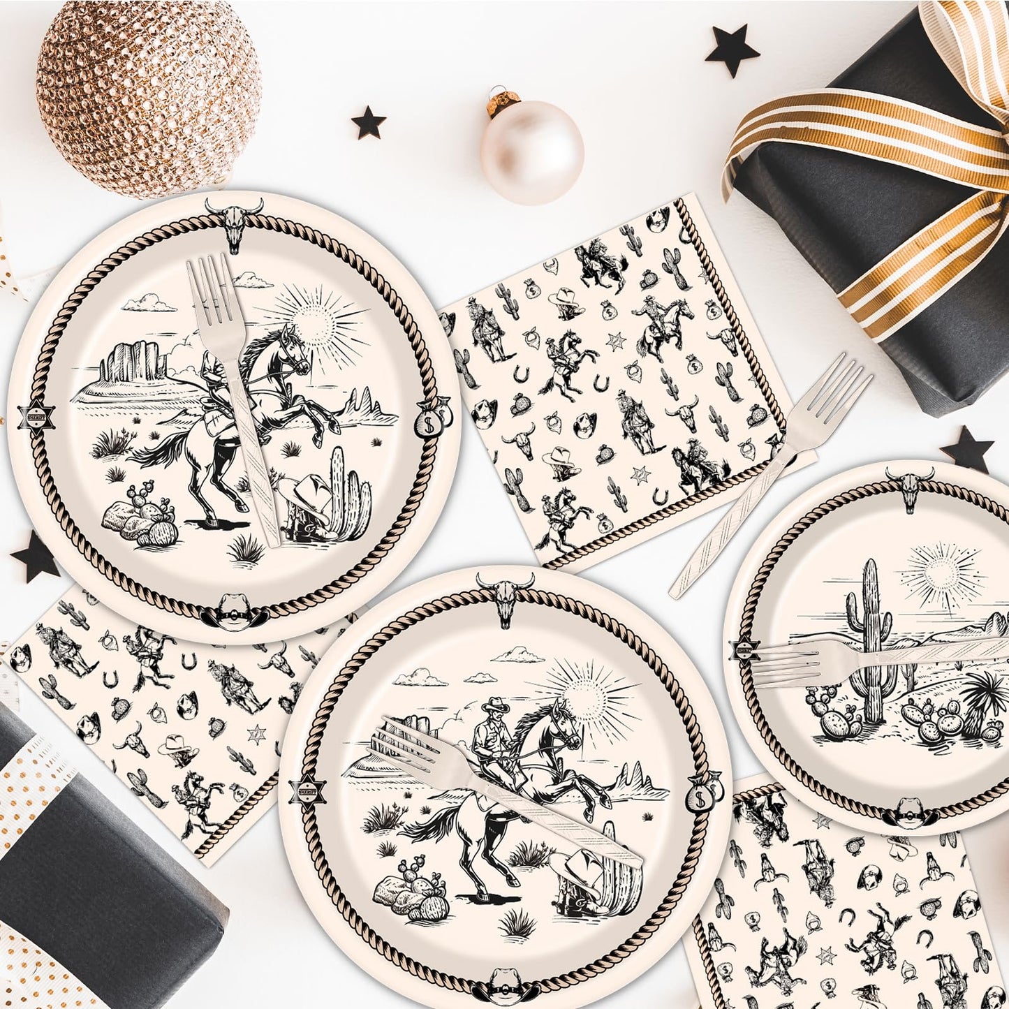 Rakuto Western Party Tableware – 96Pcs Cowboy Plates & Napkins for 24 Guests