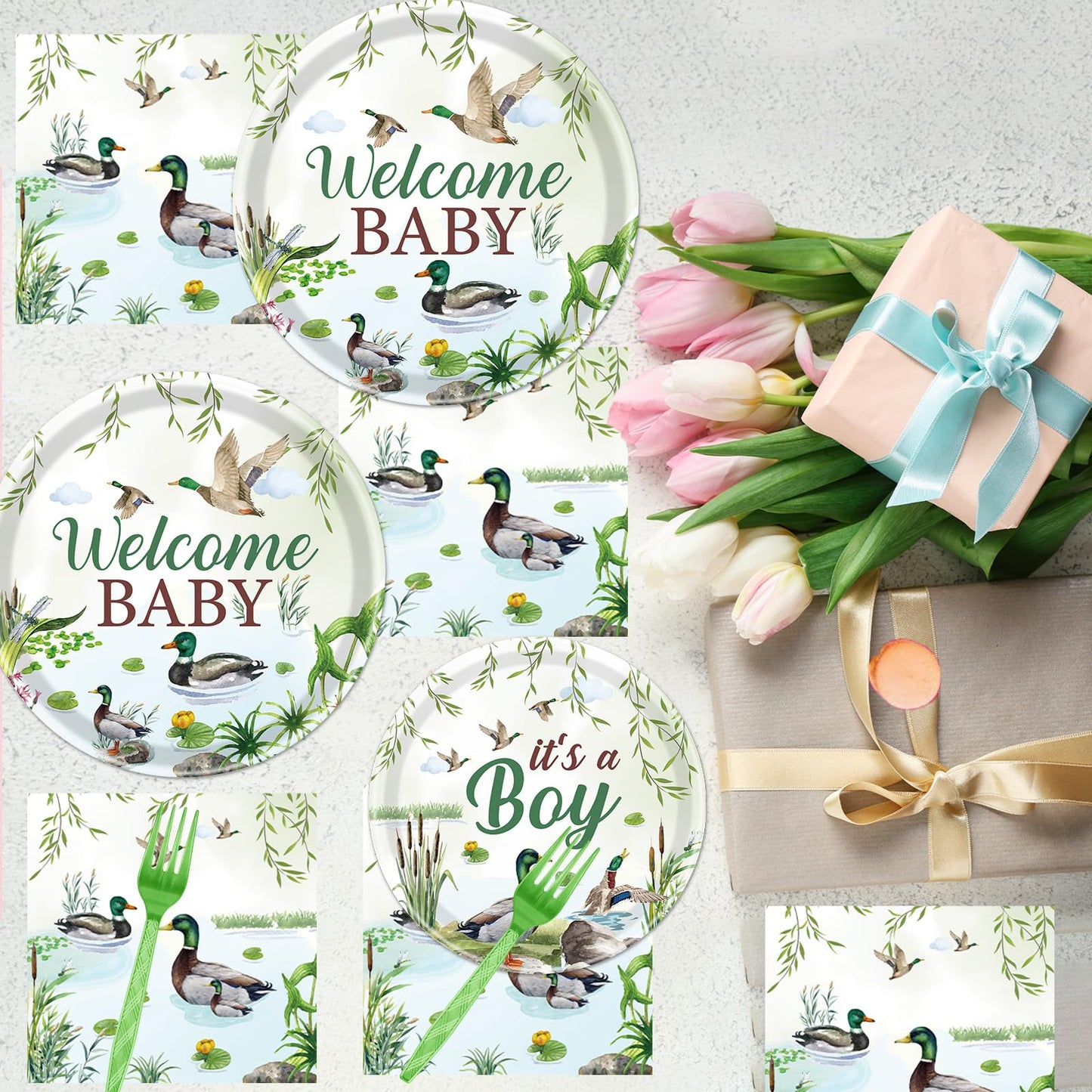 Rakuto Mallard Duck Baby Shower Decorations — 96Pcs Tableware for 24 Guests