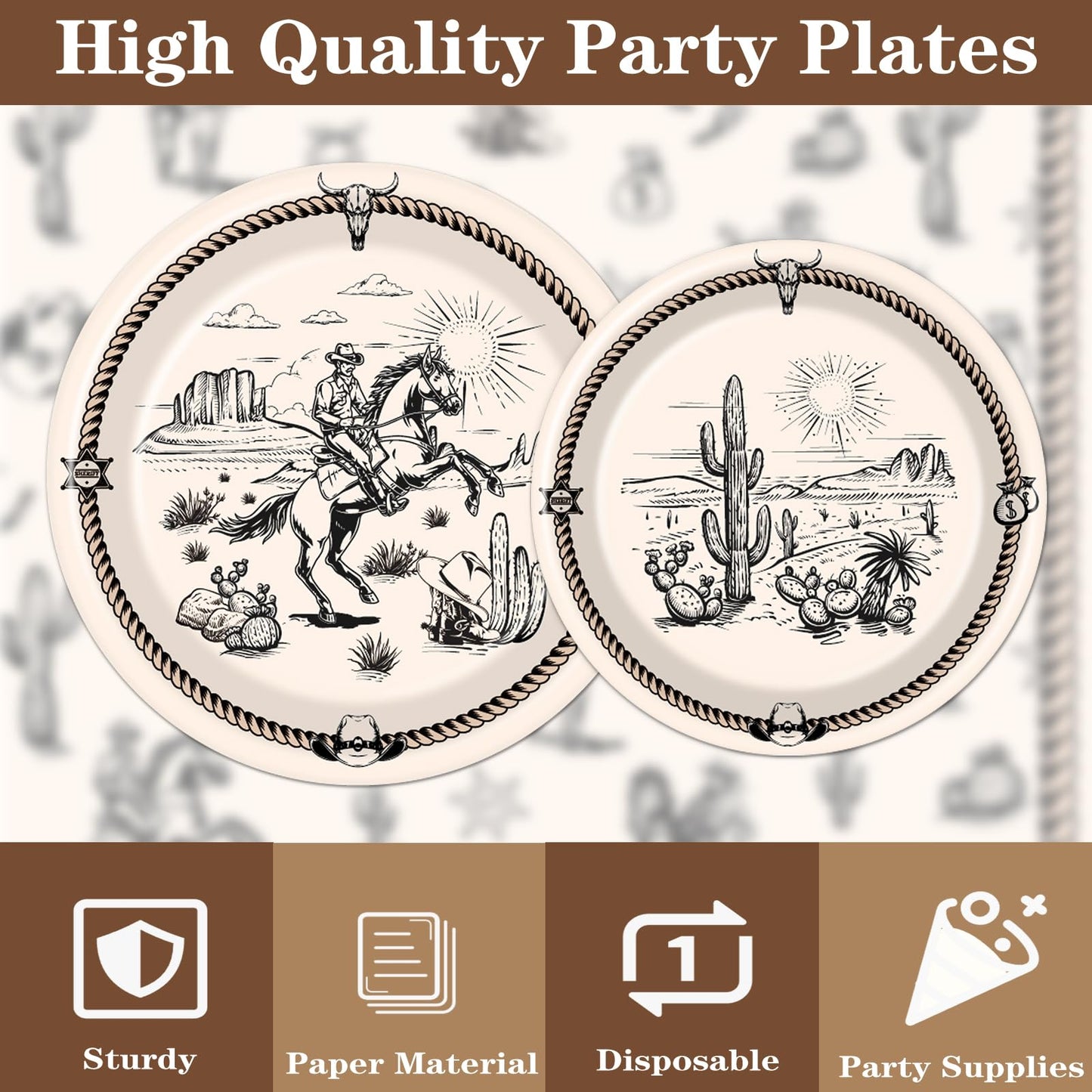 Rakuto Western Party Tableware – 96Pcs Cowboy Plates & Napkins for 24 Guests
