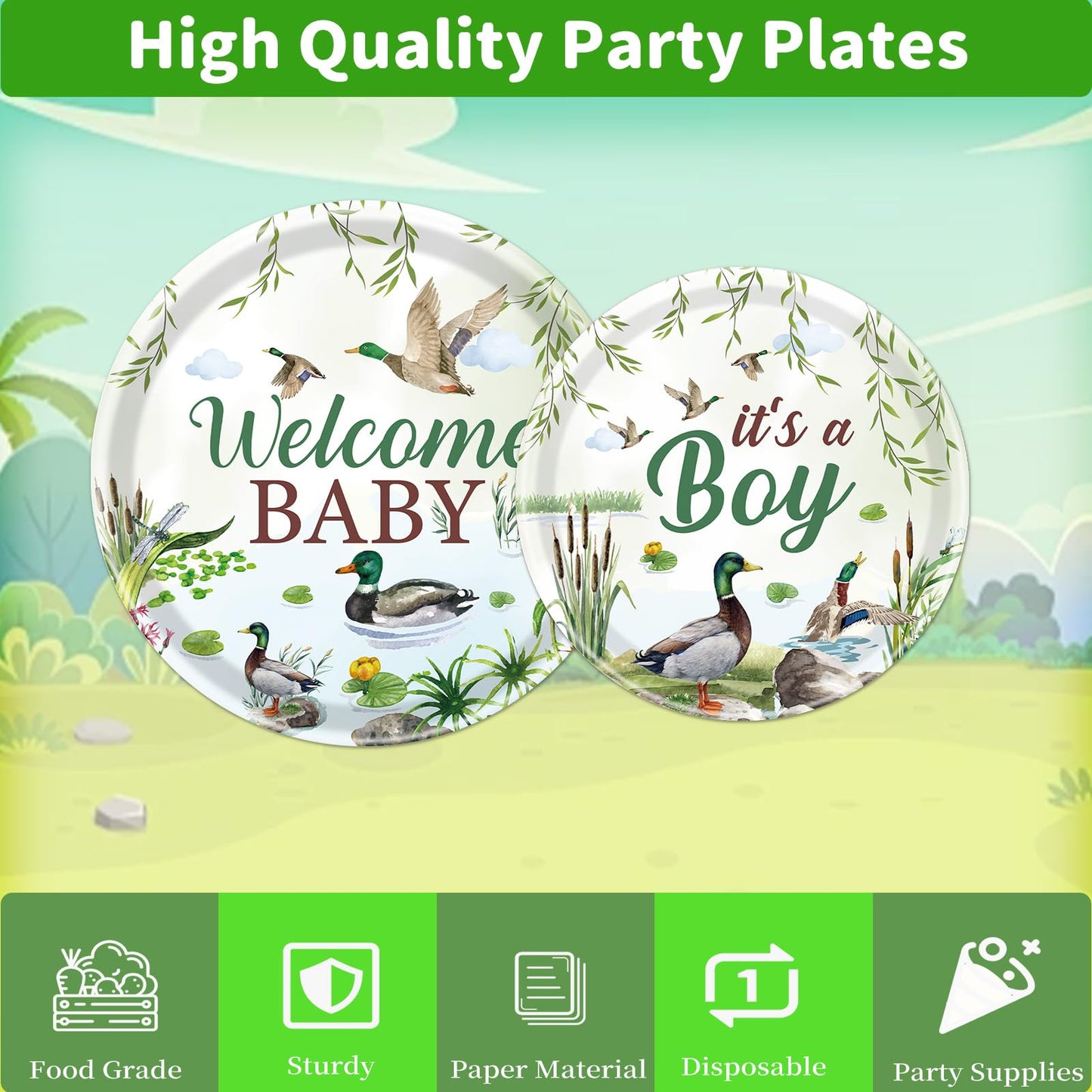Rakuto Mallard Duck Baby Shower Decorations — 96Pcs Tableware for 24 Guests