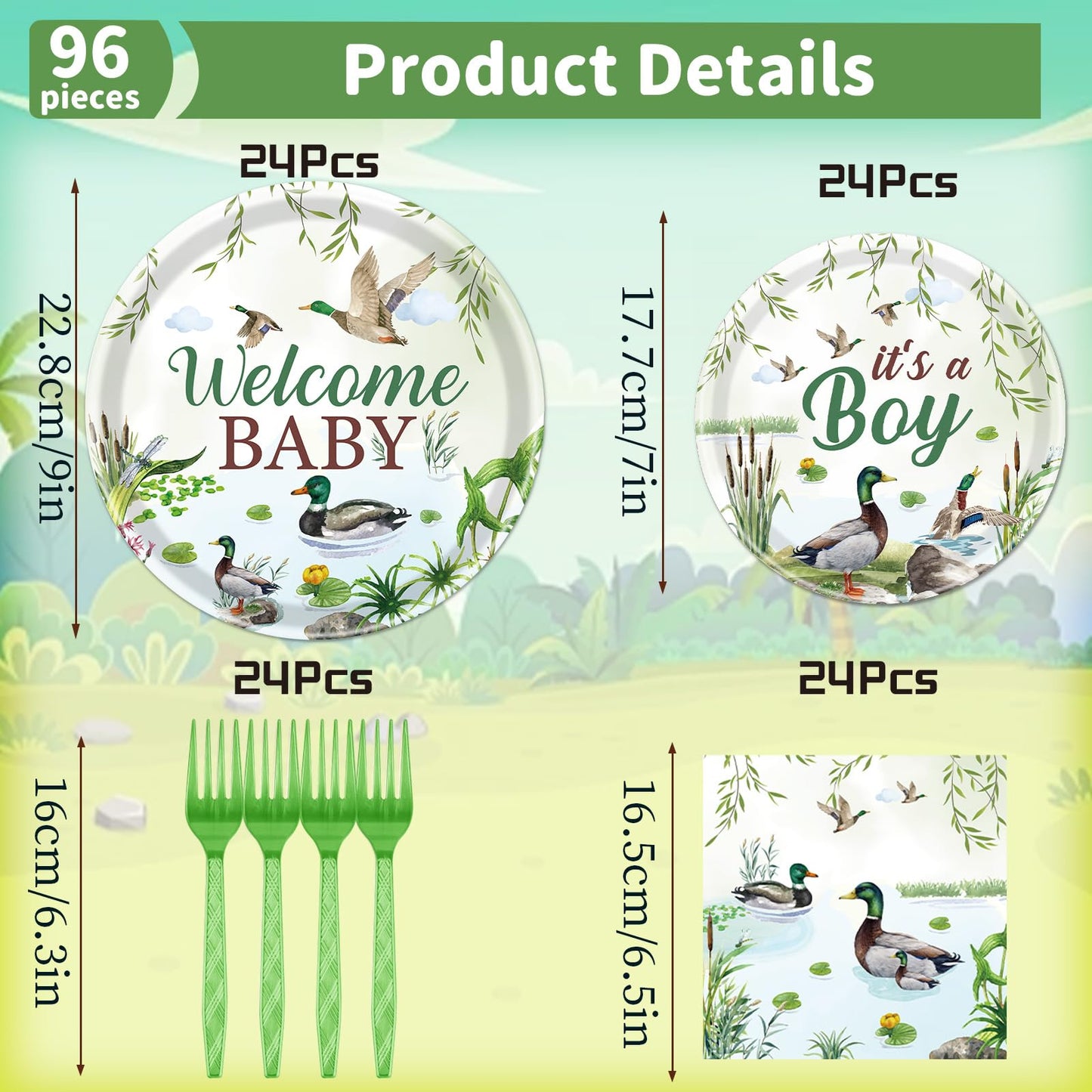 Rakuto Mallard Duck Baby Shower Decorations — 96Pcs Tableware for 24 Guests
