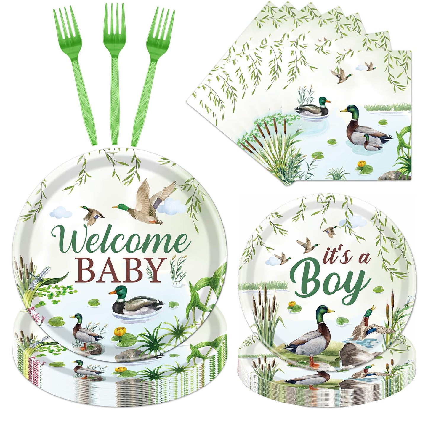 Rakuto Mallard Duck Baby Shower Decorations — 96Pcs Tableware for 24 Guests