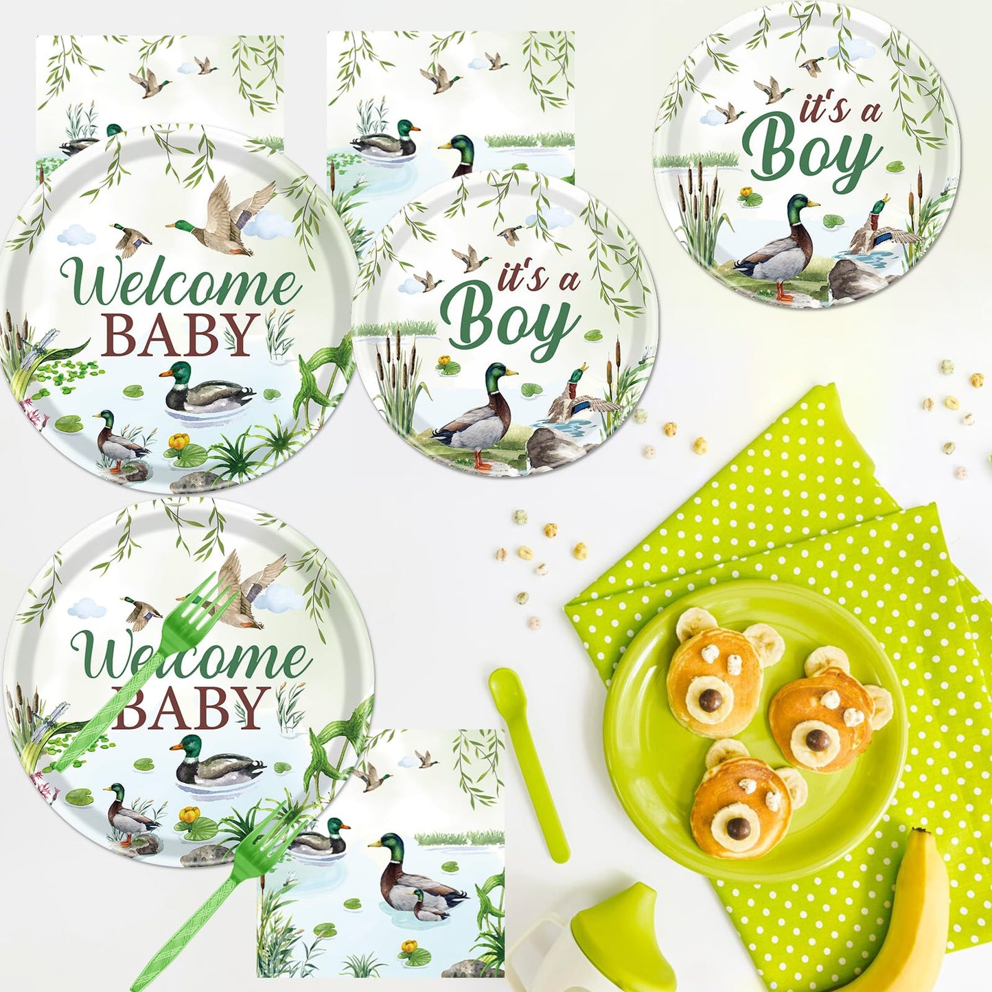 Rakuto Mallard Duck Baby Shower Decorations — 96Pcs Tableware for 24 Guests