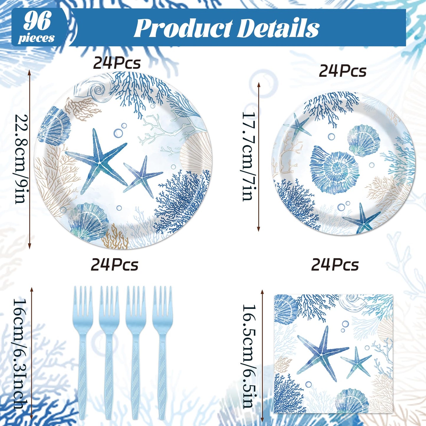 Rakuto Ocean Themed Party Decorations – 96pc Beach Tableware Set Serves 24