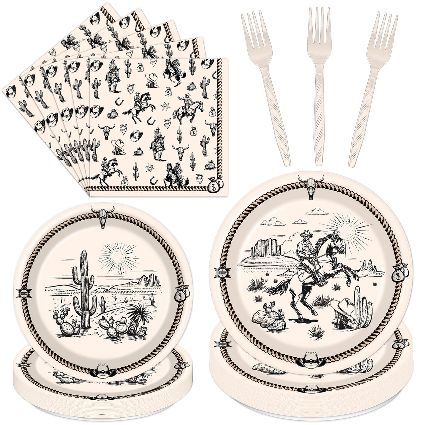 Rakuto Western Party Tableware – 96Pcs Cowboy Plates & Napkins for 24 Guests