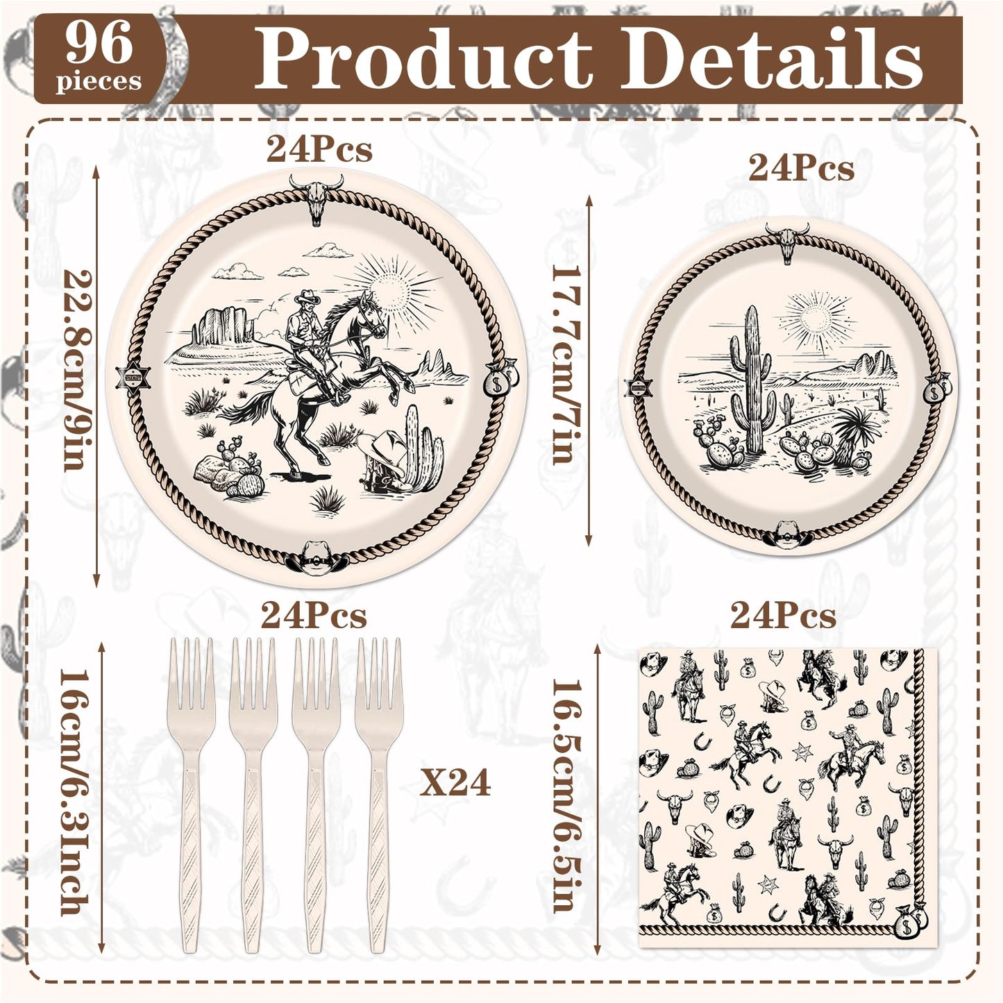 Rakuto Western Party Tableware – 96Pcs Cowboy Plates & Napkins for 24 Guests