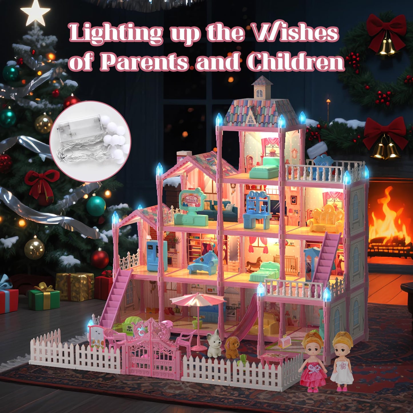 Randhar Doll House with Lights – 4 Floors, 13 Rooms, 3 Dolls, 7 Furniture Sets | Gift for 3–8+ Girls