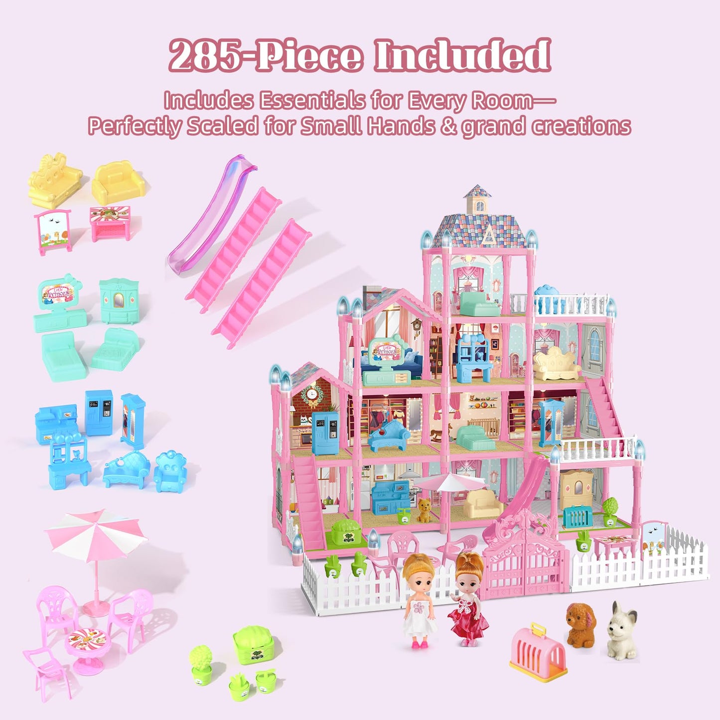 Randhar Doll House with Lights – 4 Floors, 13 Rooms, 3 Dolls, 7 Furniture Sets | Gift for 3–8+ Girls