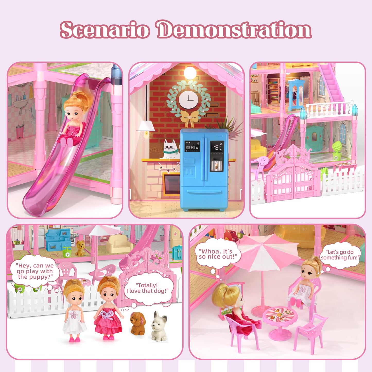 Randhar Doll House with Lights – 4 Floors, 13 Rooms, 3 Dolls, 7 Furniture Sets | Gift for 3–8+ Girls