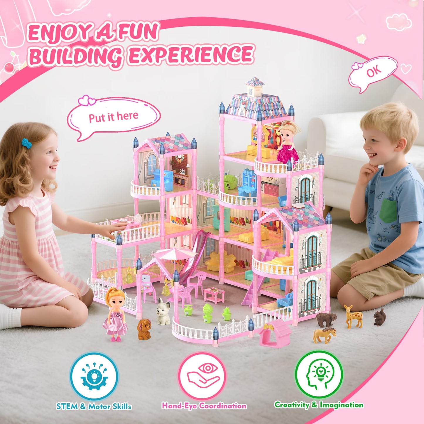 Randhar Doll House – 4-Story Dream Dollhouse with 15 Rooms, 2 Dolls, Lights & Accessories