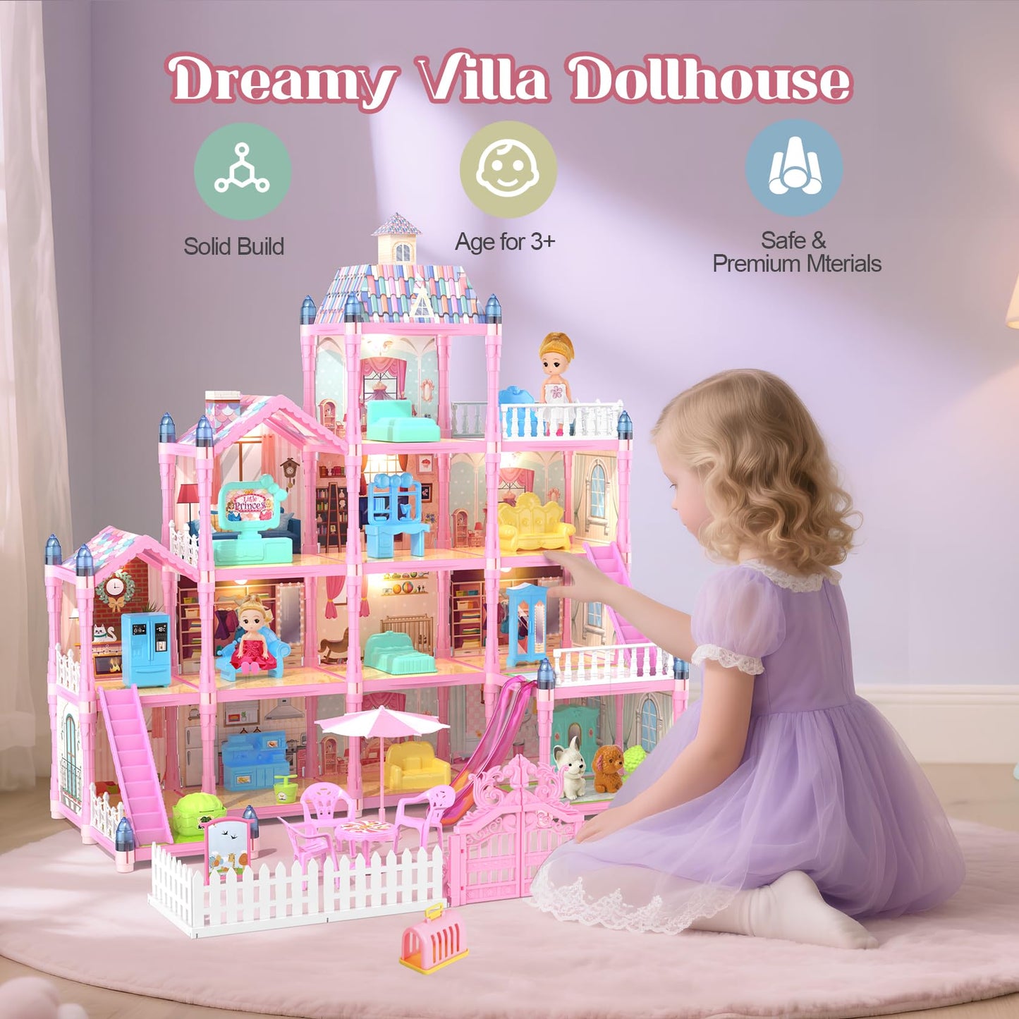 Randhar Doll House with Lights – 4 Floors, 13 Rooms, 3 Dolls, 7 Furniture Sets | Gift for 3–8+ Girls