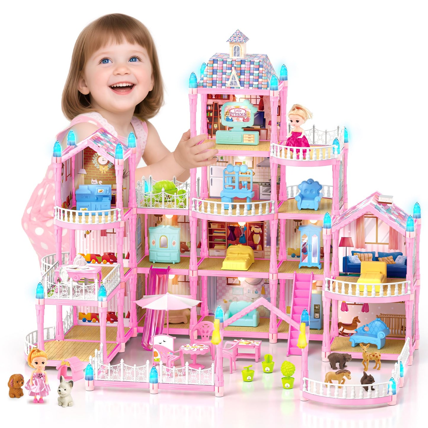 Randhar Doll House – 4-Story Dream Dollhouse with 15 Rooms, 2 Dolls, Lights & Accessories