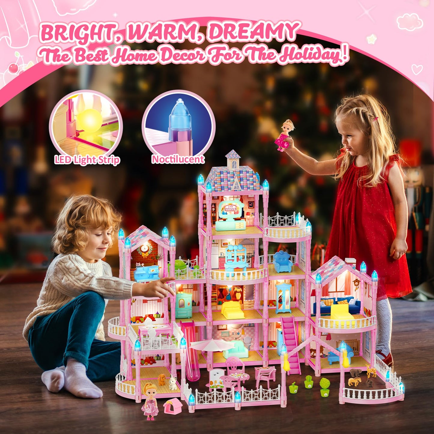 Randhar Doll House – 4-Story Dream Dollhouse with 15 Rooms, 2 Dolls, Lights & Accessories