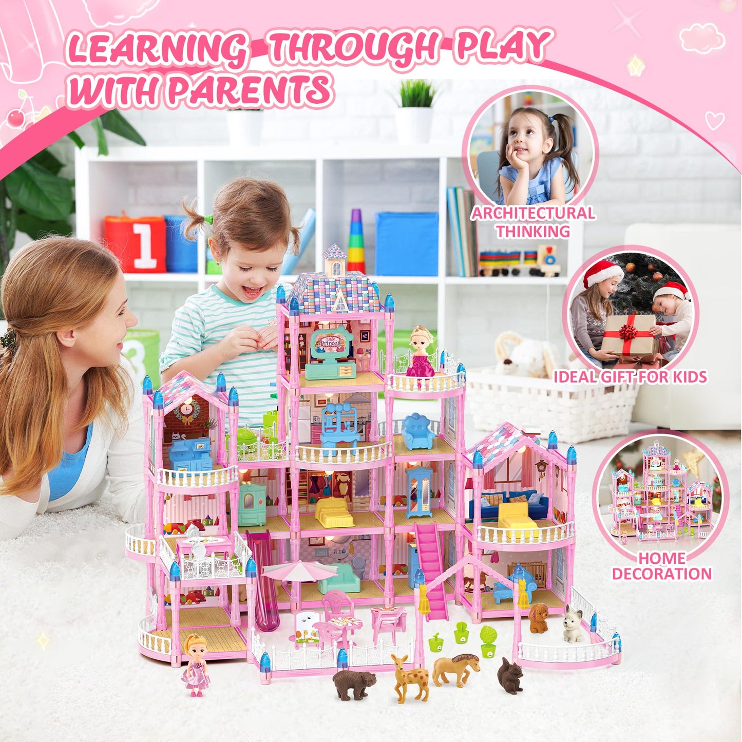 Randhar Doll House – 4-Story Dream Dollhouse with 15 Rooms, 2 Dolls, Lights & Accessories