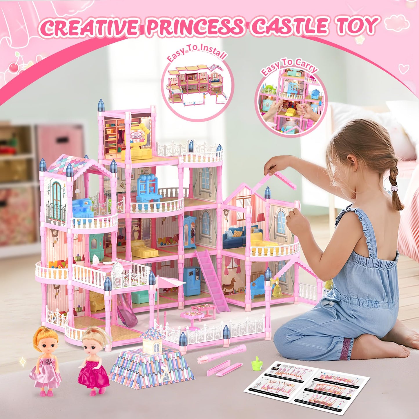 Randhar Doll House – 4-Story Dream Dollhouse with 15 Rooms, 2 Dolls, Lights & Accessories