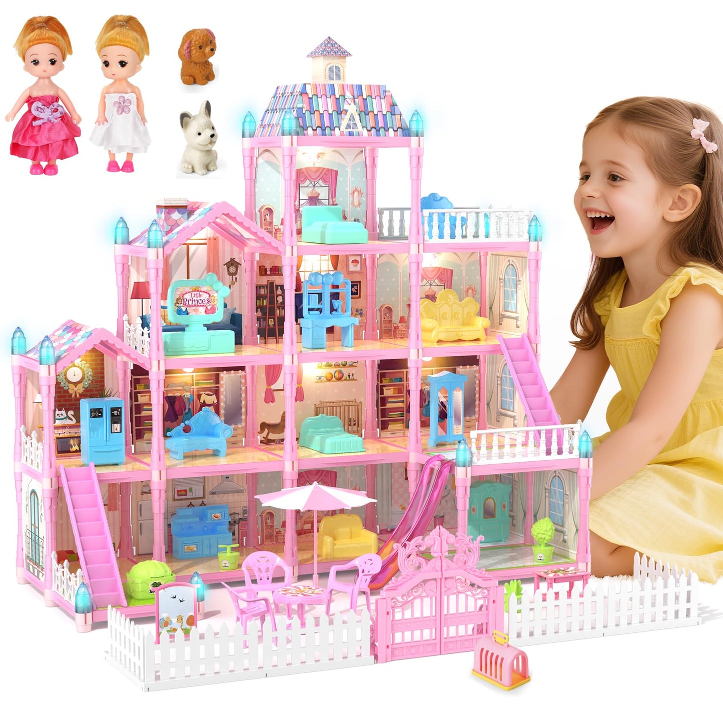 Randhar Doll House with Lights – 4 Floors, 13 Rooms, 3 Dolls, 7 Furniture Sets | Gift for 3–8+ Girls