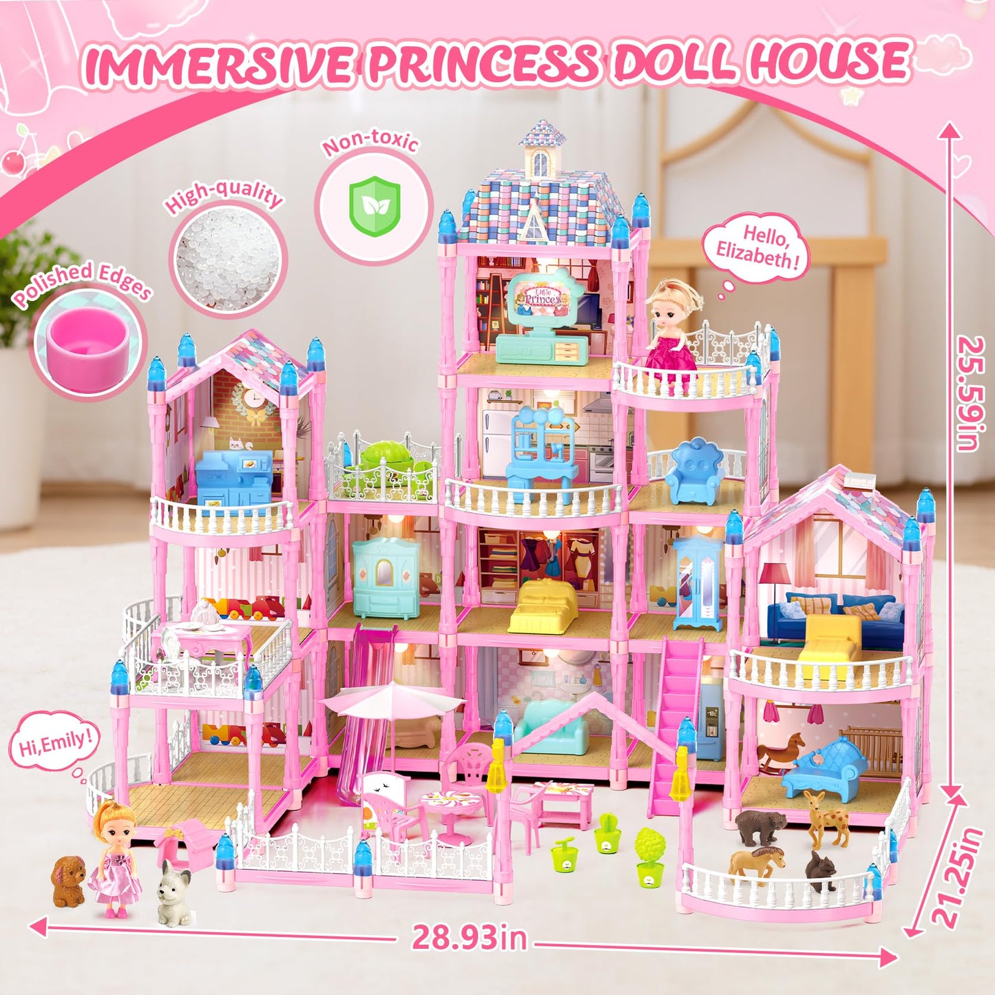 Randhar Doll House – 4-Story Dream Dollhouse with 15 Rooms, 2 Dolls, Lights & Accessories