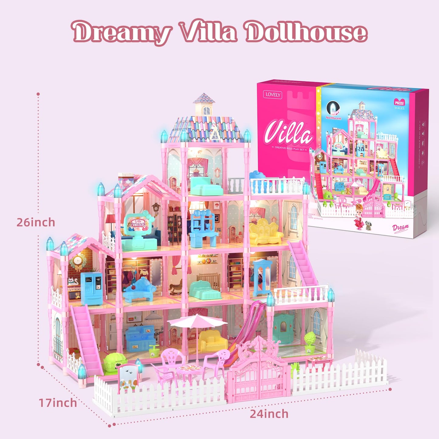 Randhar Doll House with Lights – 4 Floors, 13 Rooms, 3 Dolls, 7 Furniture Sets | Gift for 3–8+ Girls